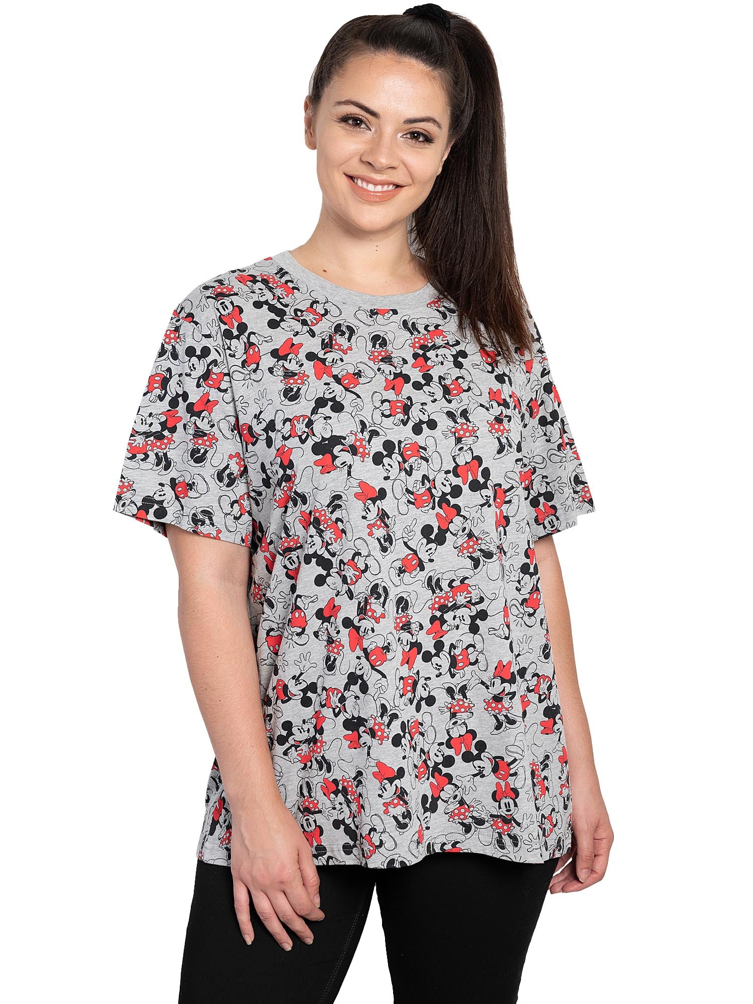 Disney Womens Plus Size Mickey and Minnie Mouse All-Over Print T-Shirt Gray