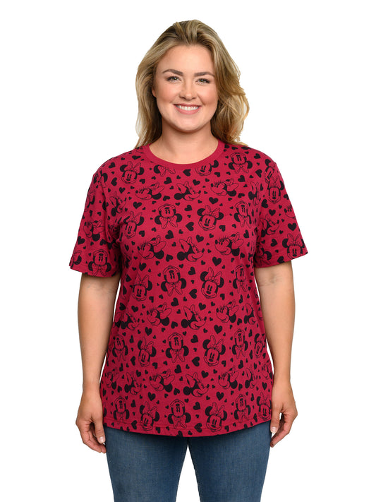 Minnie Mouse T-Shirt Hearts All-Over Print Cranberry Red Women's Plus Size Tee