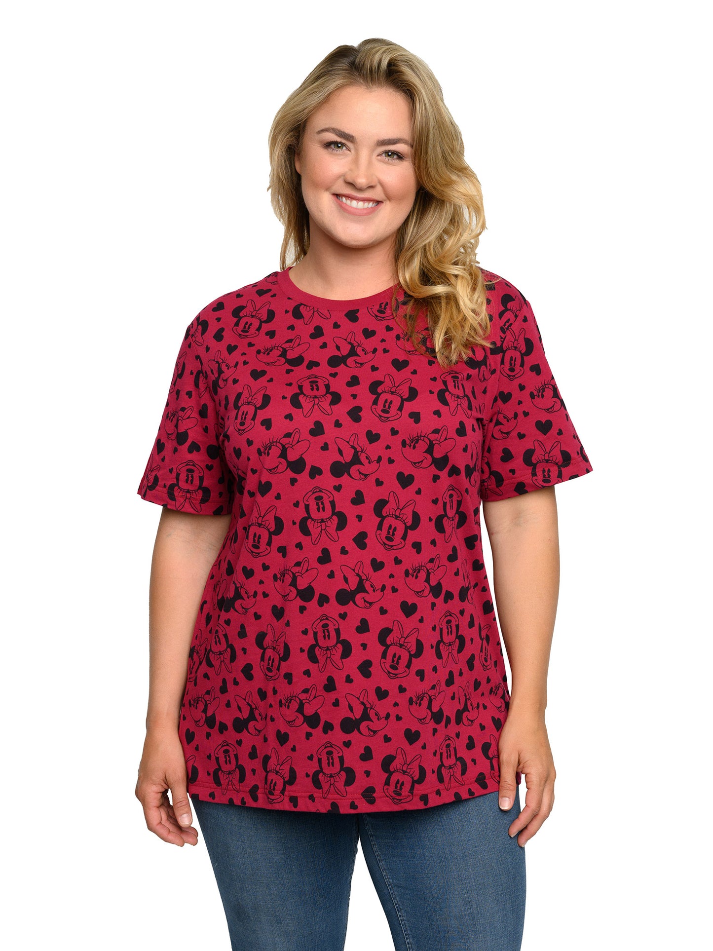 Minnie Mouse T-Shirt Hearts All-Over Print Cranberry Red Women's Plus Size Tee