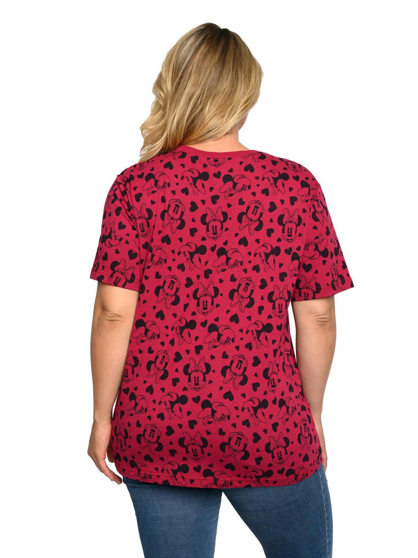 Minnie Mouse T-Shirt Hearts All-Over Print Cranberry Red Women's Plus Size Tee