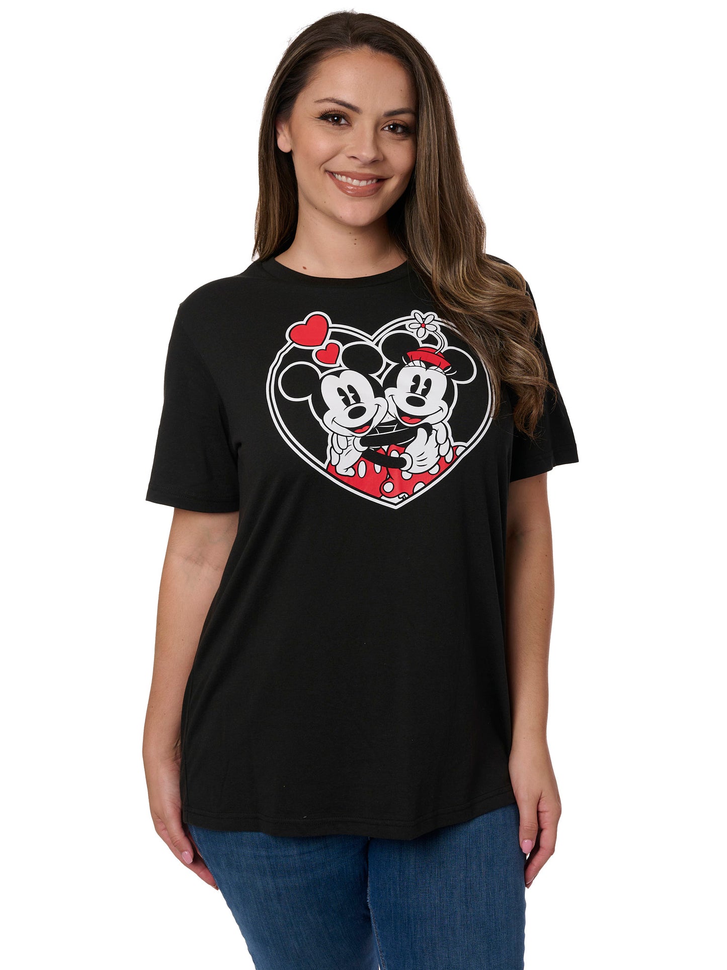 Disney Womens Plus Size Mickey and Minnie Mouse T-Shirt Heart Hugs Black