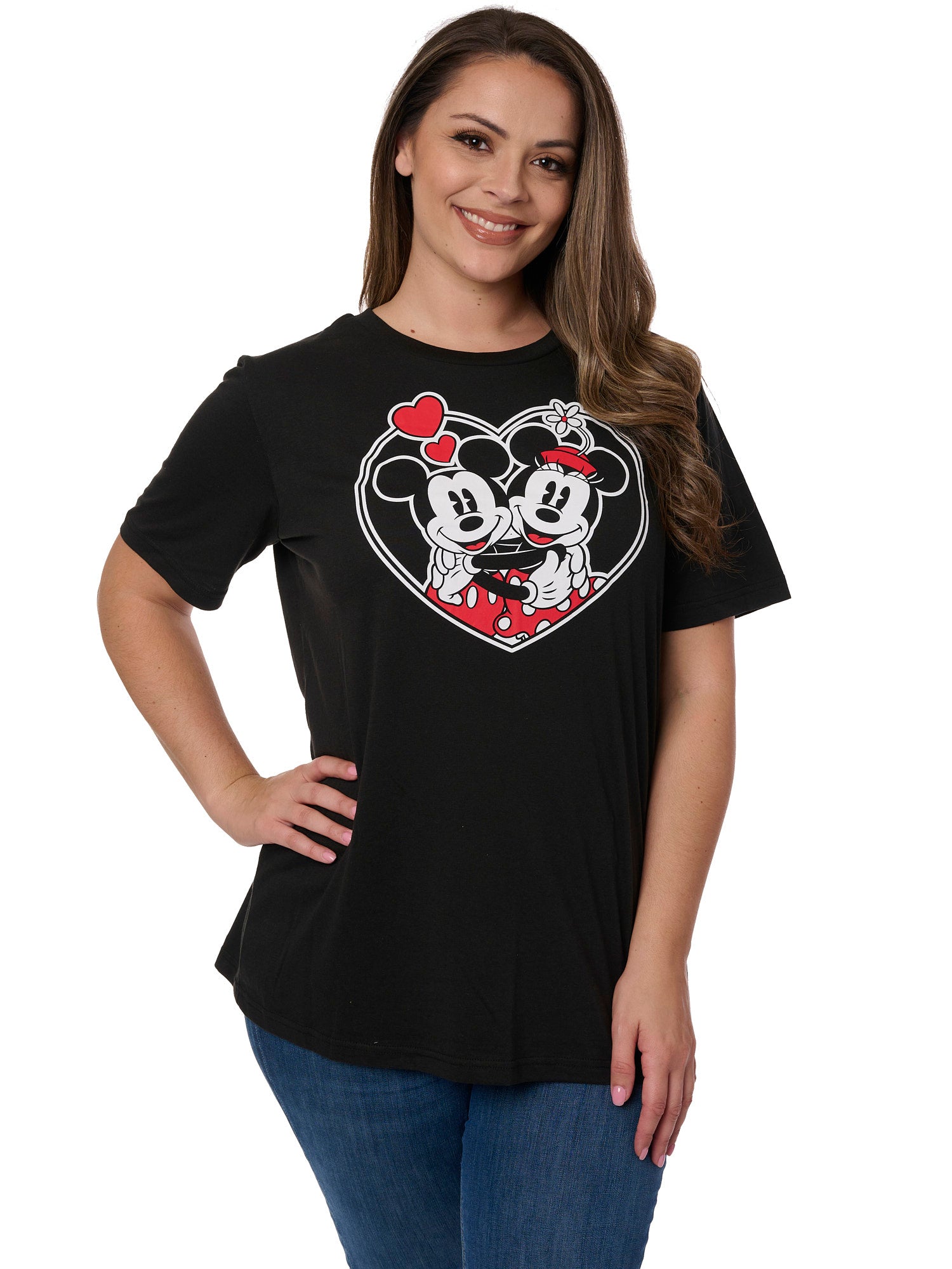 Disney Womens Plus Size Mickey and Minnie Mouse T-Shirt Heart Hugs Black