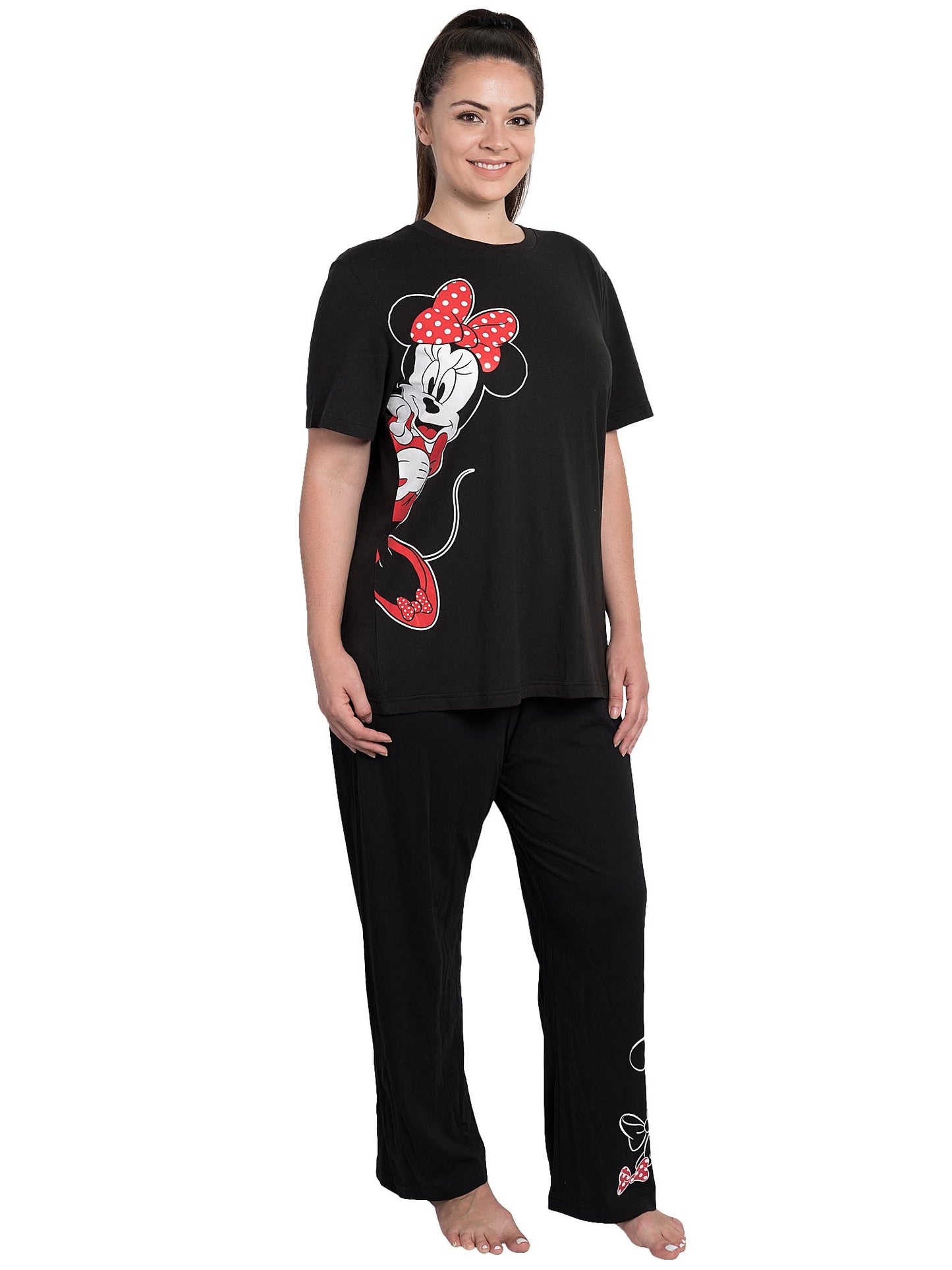 Womens Plus Size Disney Minnie Mouse Leaning Pajama Lounge Wear Black 2 Pc Set