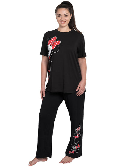 Womens Plus Size Disney Minnie Mouse Leaning Pajama Lounge Wear Black 2 Pc Set