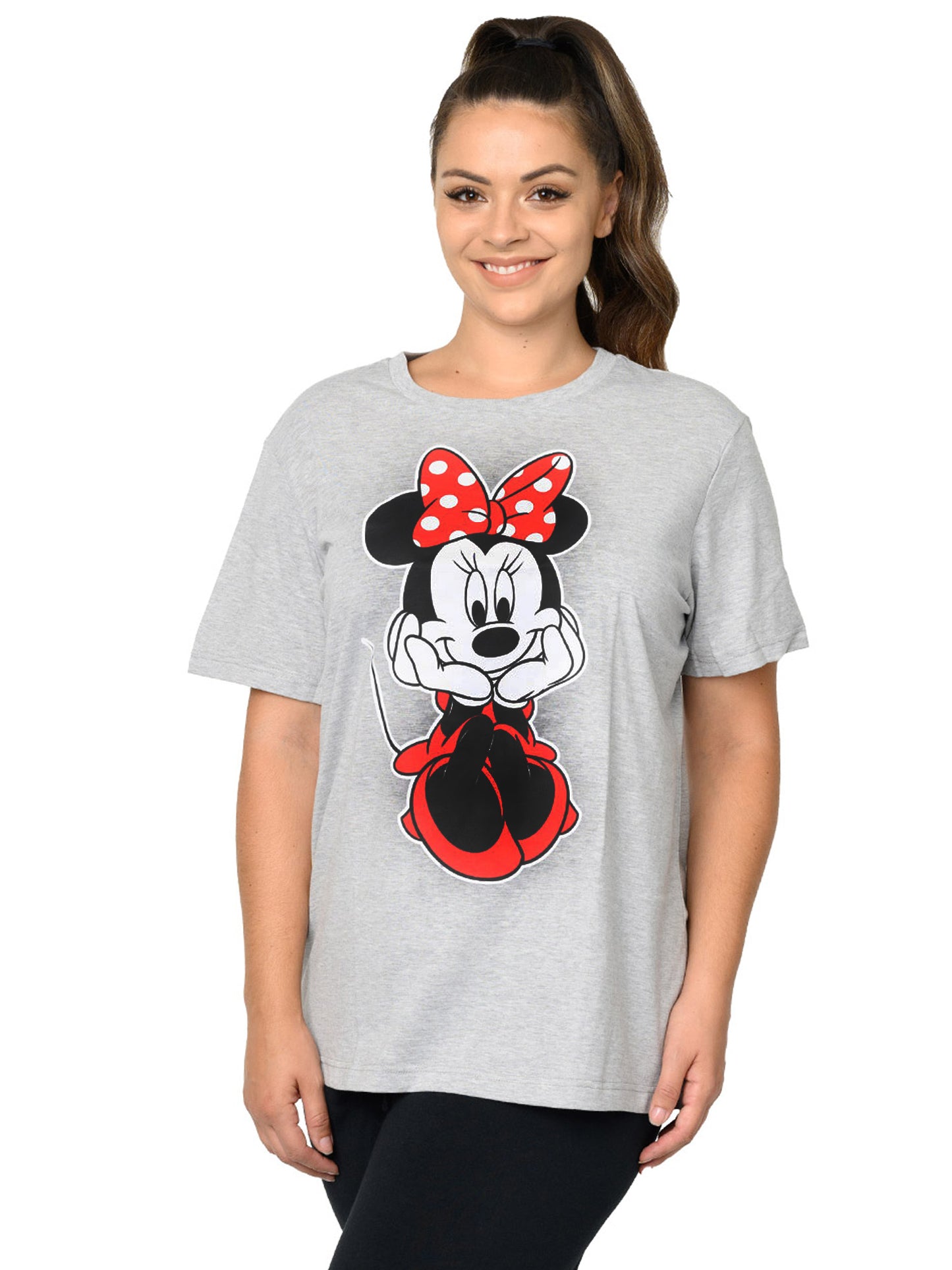 Womens Plus Size Disney Minnie Mouse T-Shirt & Lounge Pants Bow Pajama Gray Set