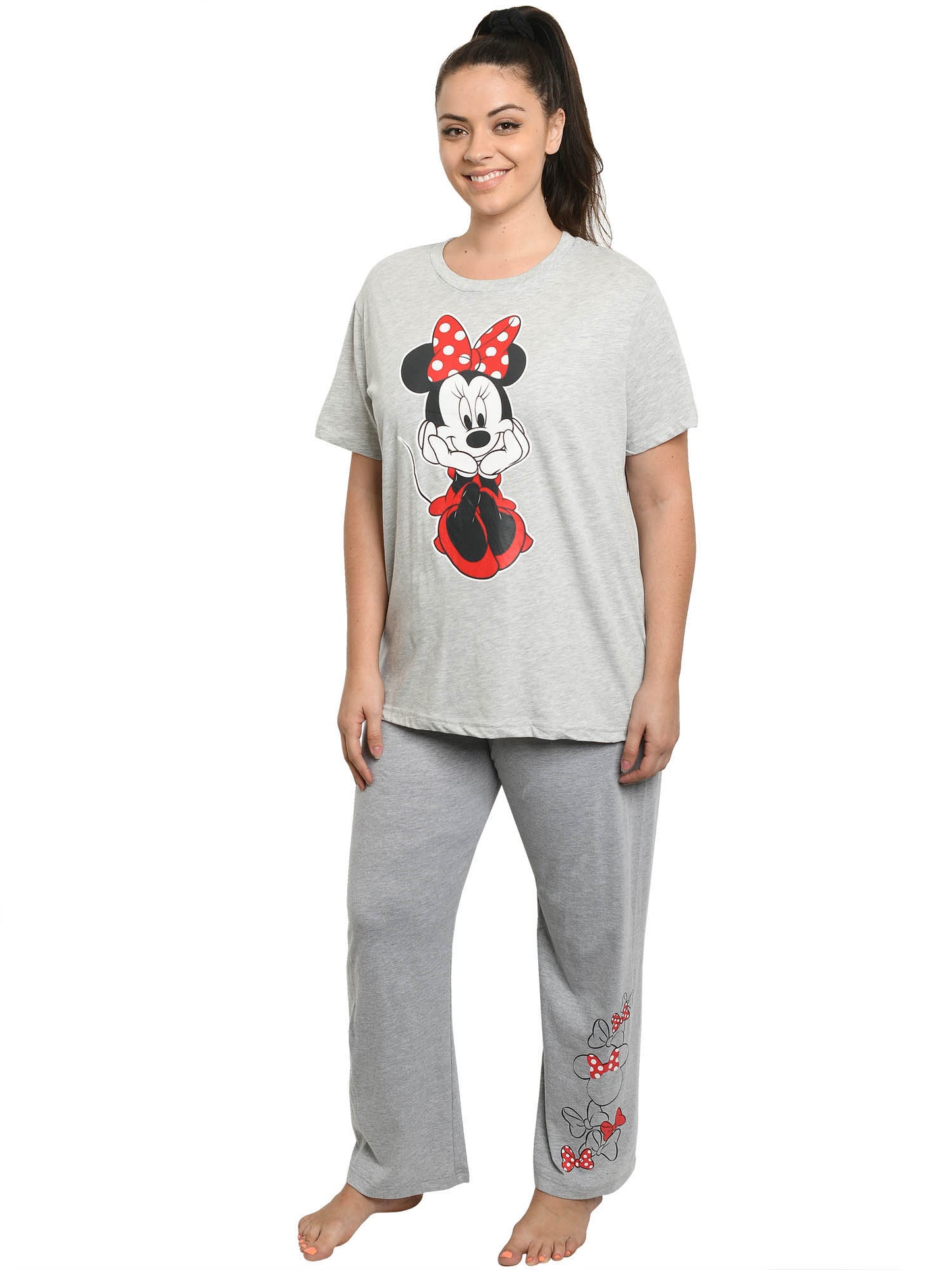 Womens Plus Size Disney Minnie Mouse T-Shirt & Lounge Pants Bow Pajama Gray Set