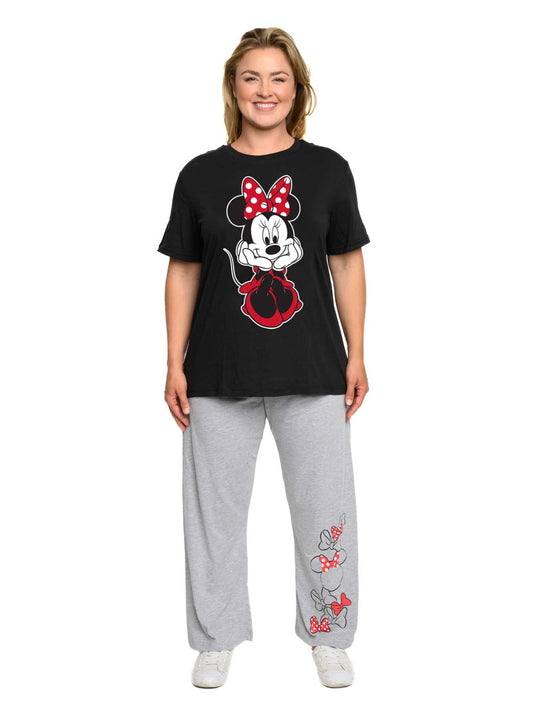 Women's Plus Size Minnie Mouse  T-Shirt and Pants Pajamas Set Gray Black