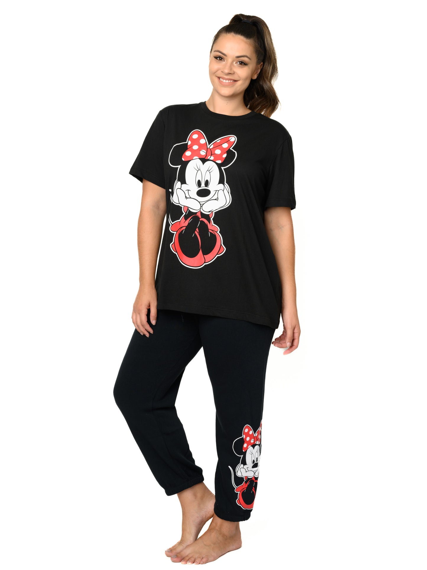 Minnie Mouse Leaning T-Shirt Black & Jogger Pants Disney Pajama Set Womens Plus