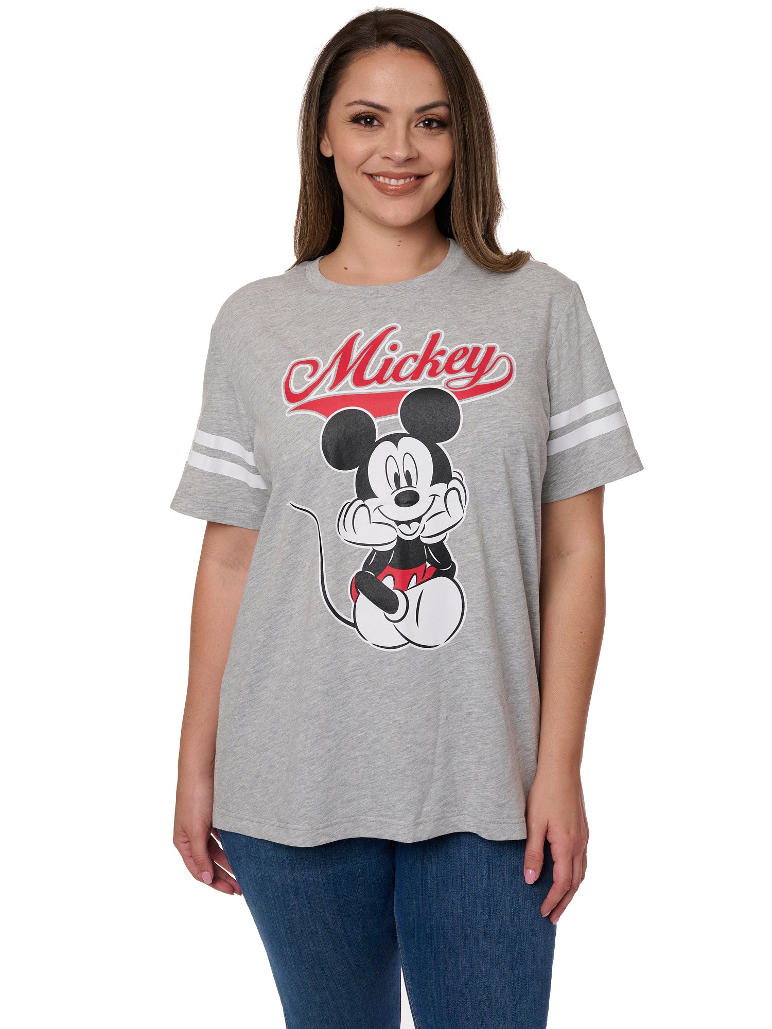 Women's Plus Size Mickey Mouse T-Shirt Striped Sleeve Varsity Disney Gray