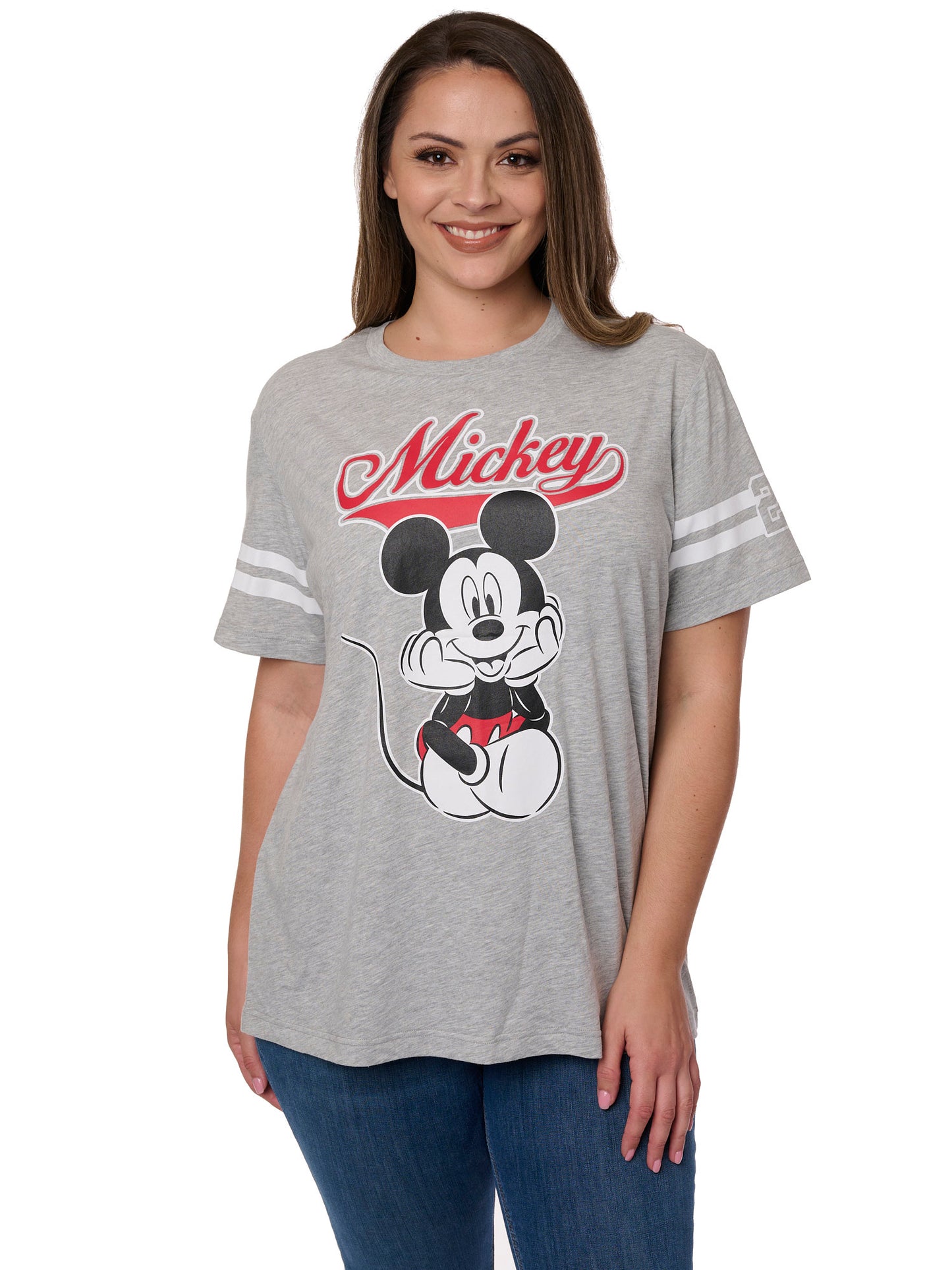 Women's Plus Size Mickey Mouse T-Shirt Striped Sleeve Varsity Disney Gray