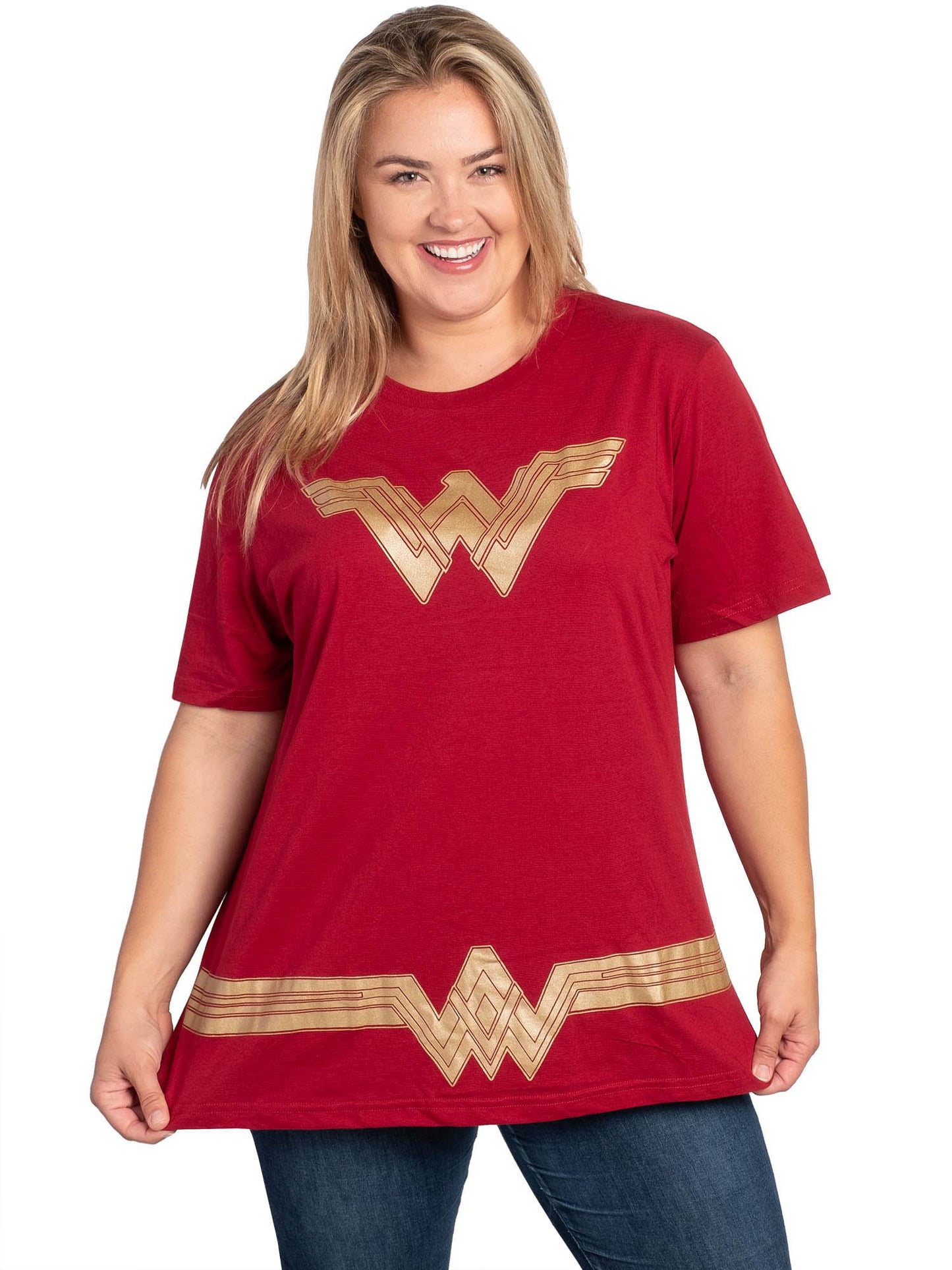 Women's Plus Size Wonder Woman Halloween Costume T-Shirt Red Gold Dress Up Tee