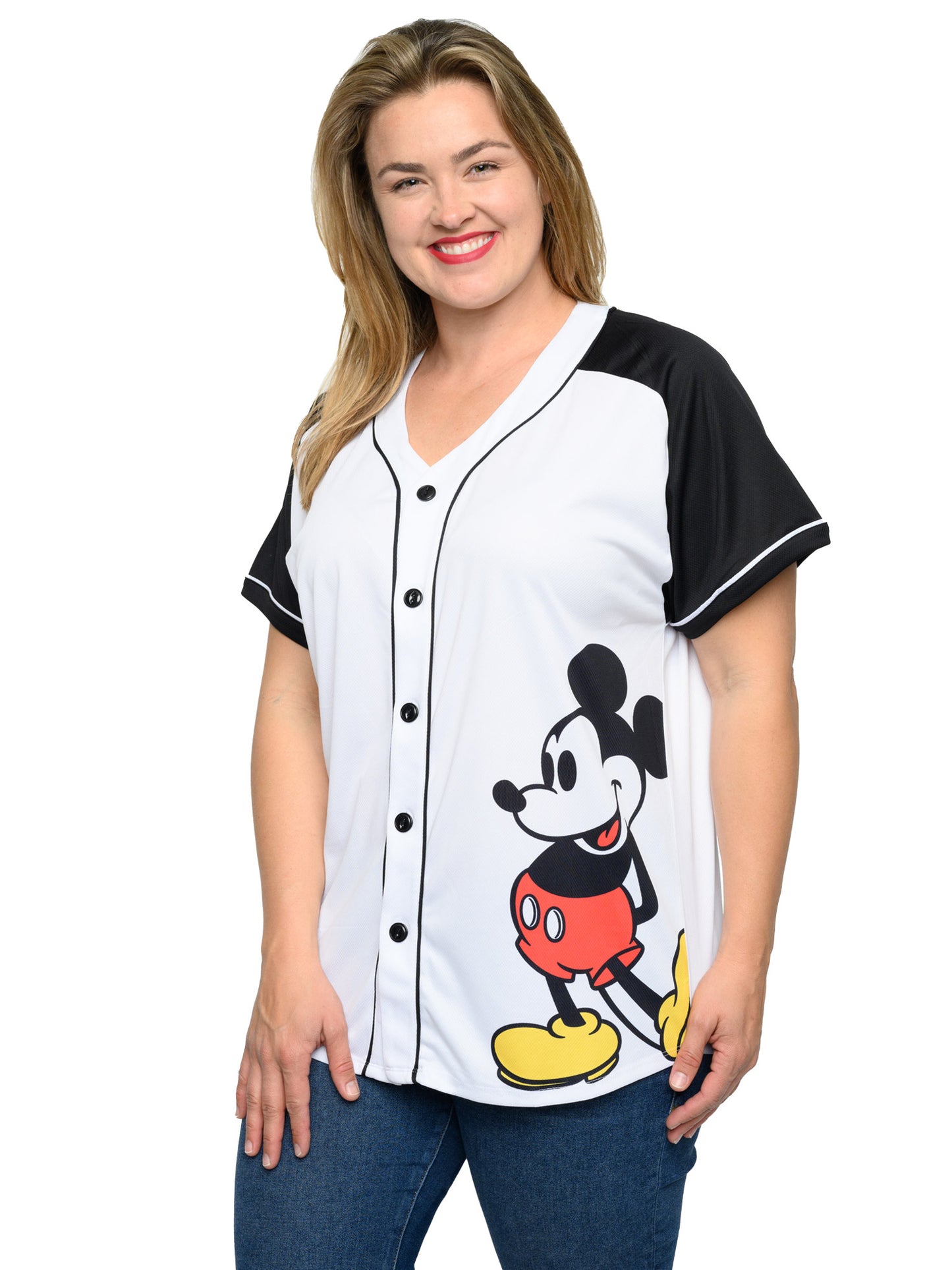 Women's Plus Size Disney Mickey Mouse Baseball Jersey 28 Shirt White Button Down