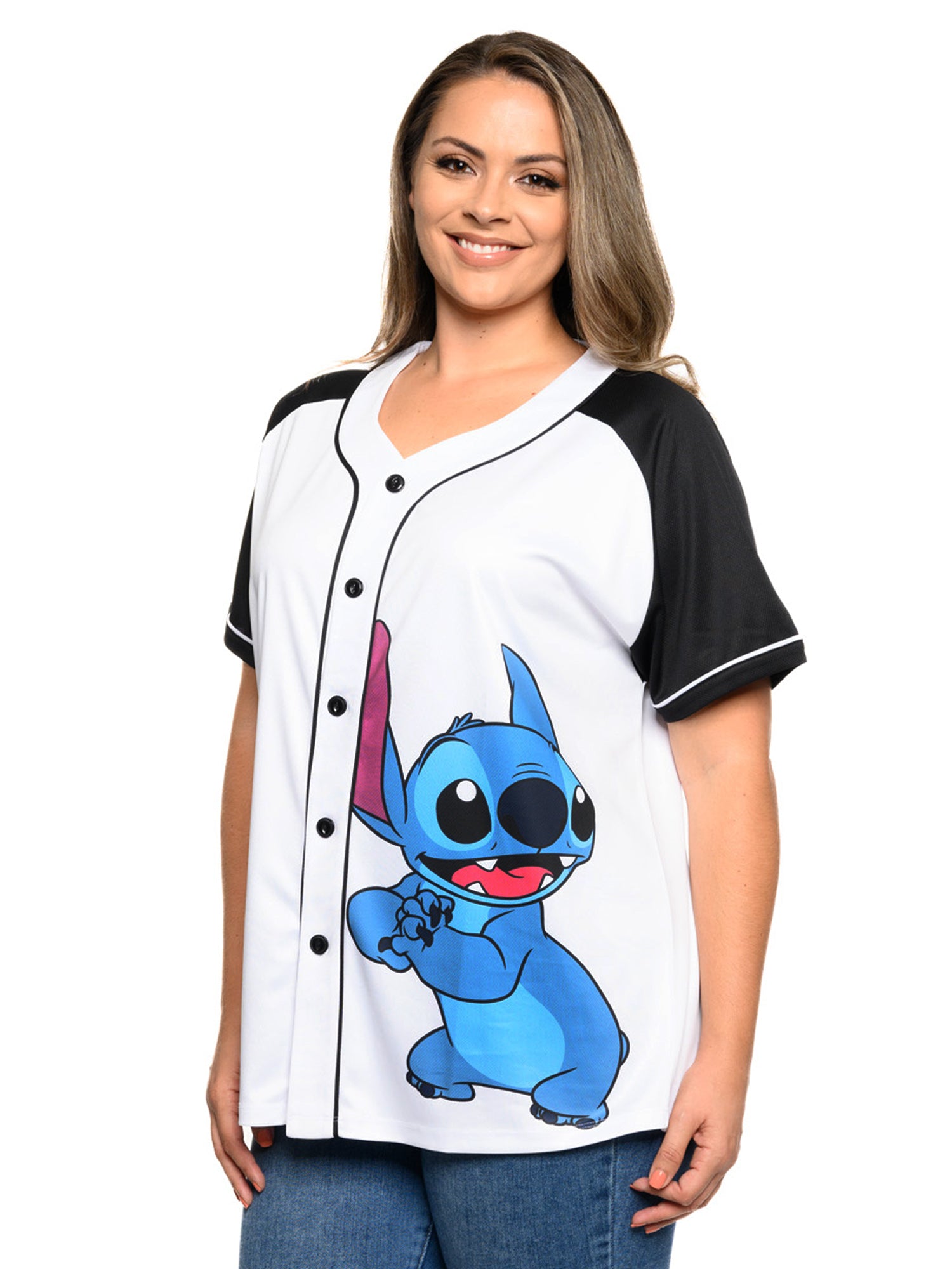 Disney Stitch Baseball Jersey Button Down Shirt White Women's Plus Size