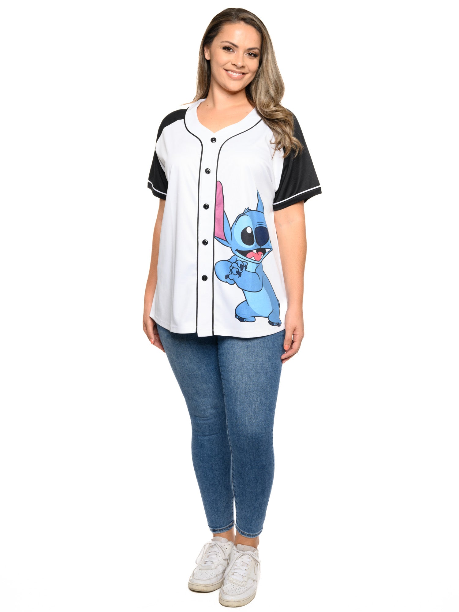 Disney Stitch Baseball Jersey Button Down Shirt White Women's Plus Size