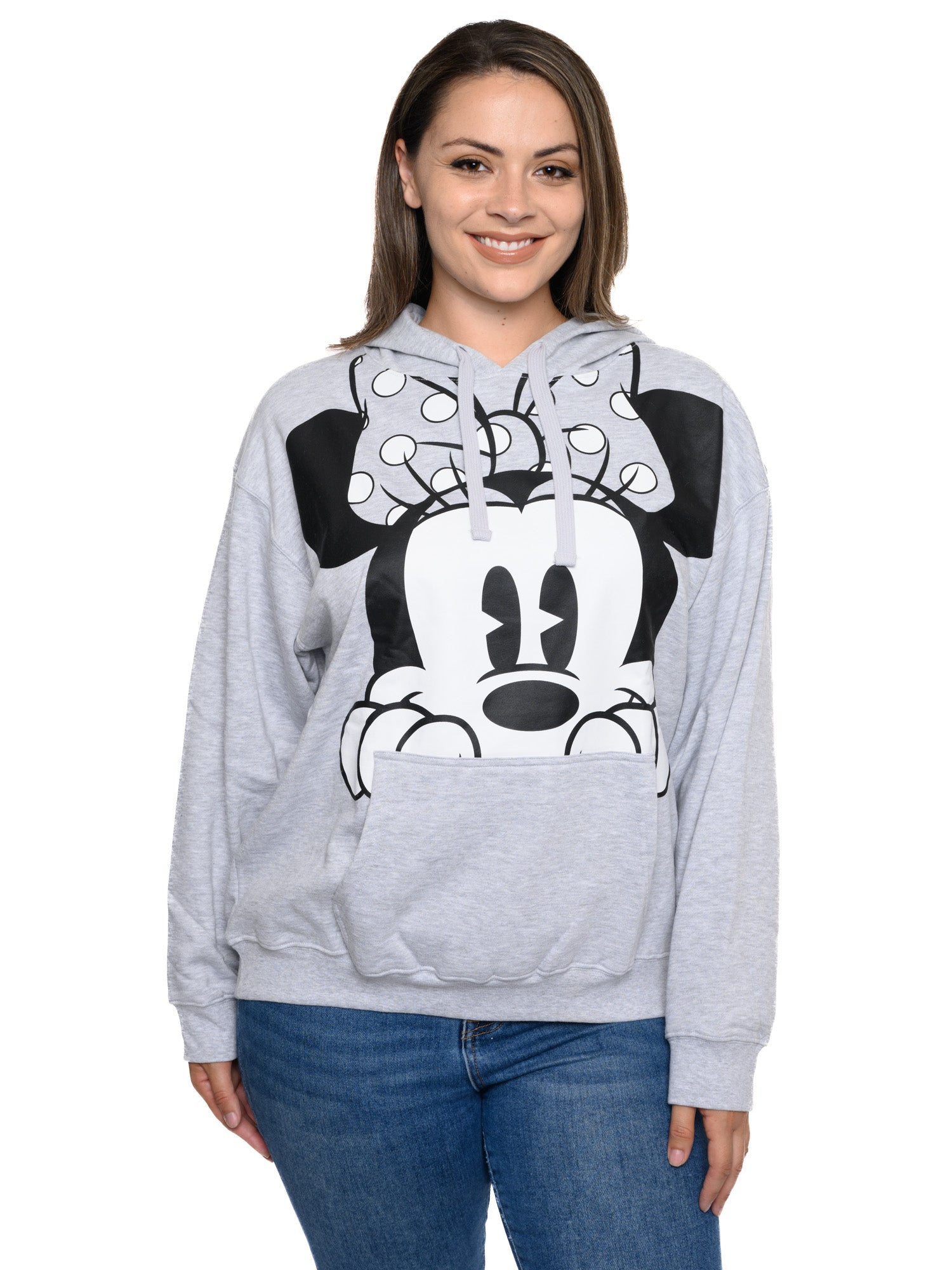 Disney Minnie Mouse Hoodie Sweatshirt Peeking Front Pocket Gray Womens Plus Size