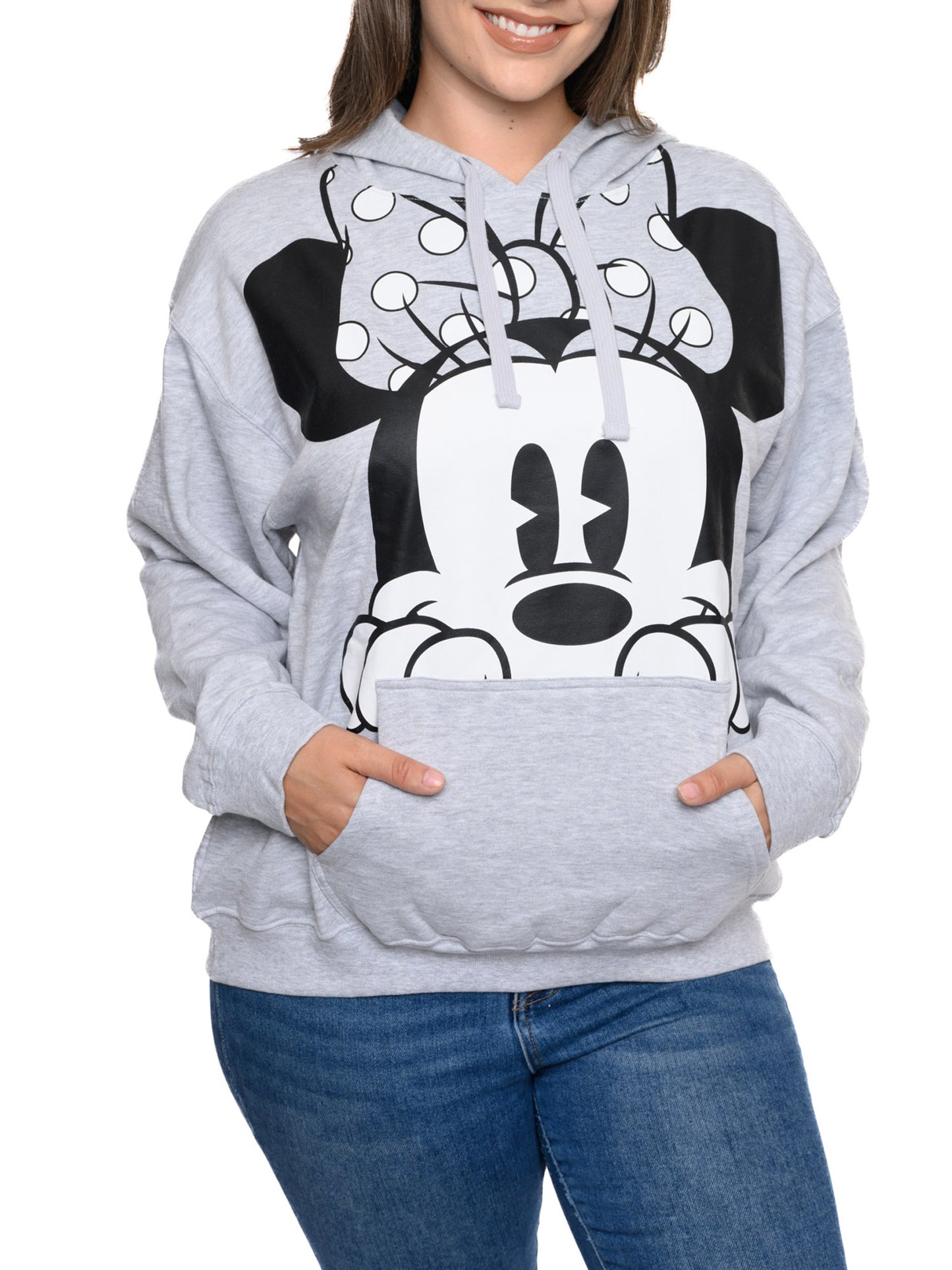 Disney Women Minnie Mouse Hoodie Peeking Pullover Sweatshirt Gray