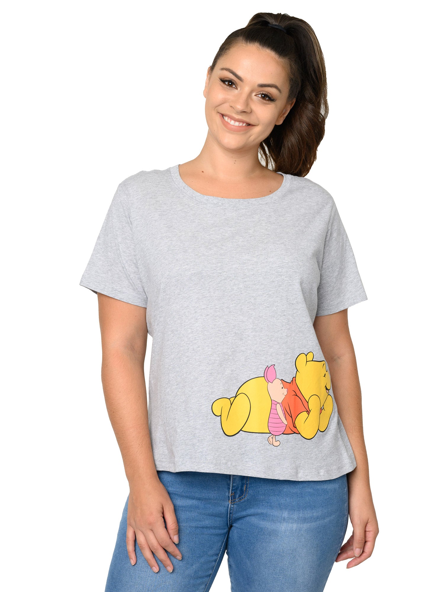 Winnie The Pooh Cropped T-Shirt Piglet Eeyore Tigger Women's Plus Size Gray