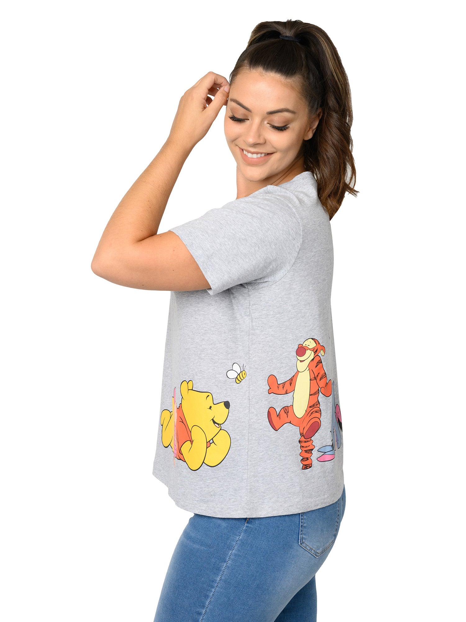 Winnie The Pooh Cropped T-Shirt Piglet Eeyore Tigger Women's Plus Size Gray