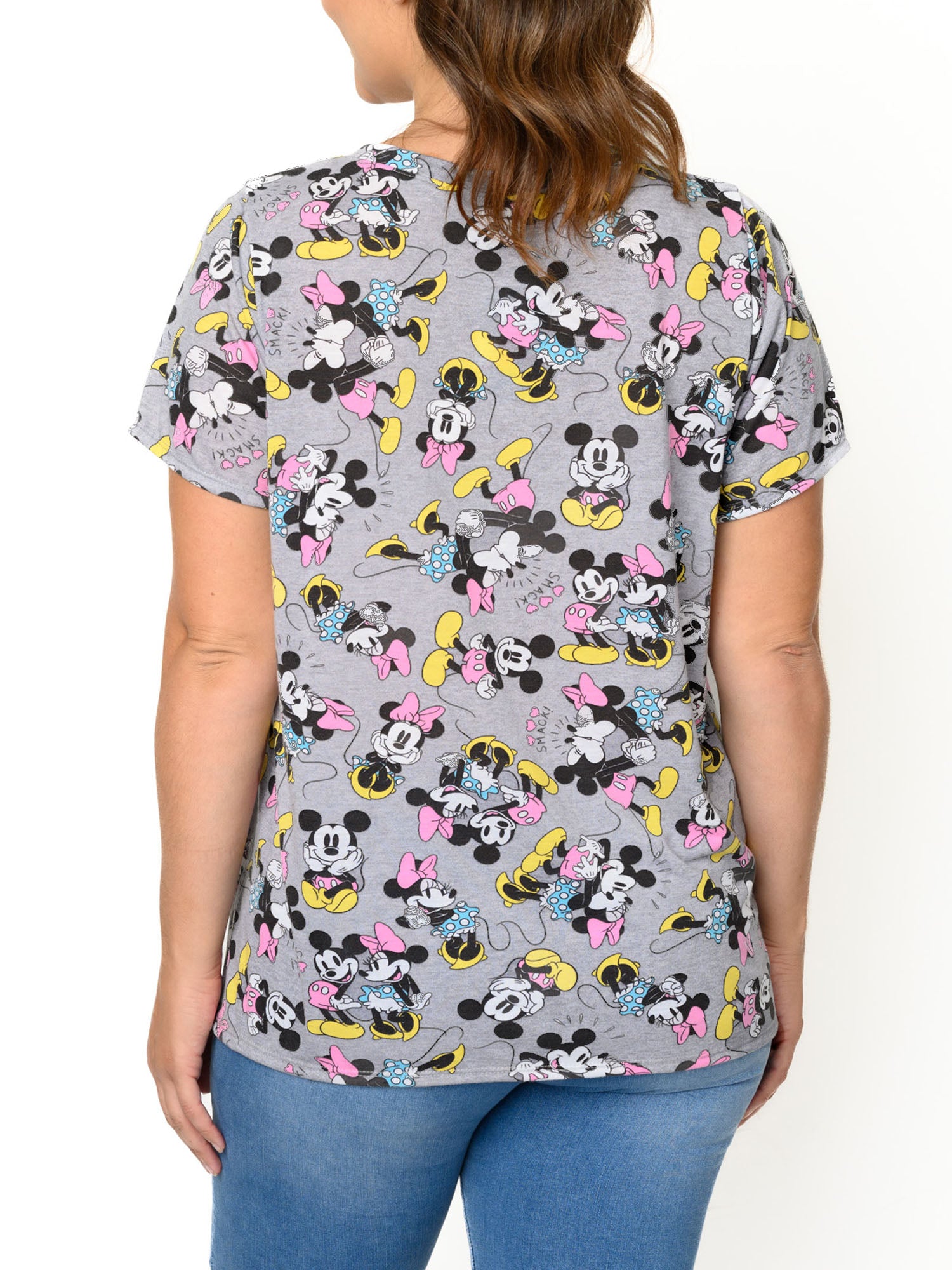 Minnie & Mickey Mouse T-Shirt V-Neck All-Over Print Gray Women's Plus Size