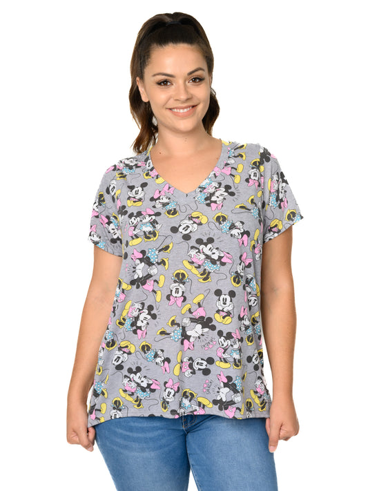 Minnie & Mickey Mouse T-Shirt V-Neck All-Over Print Gray Women's Plus Size