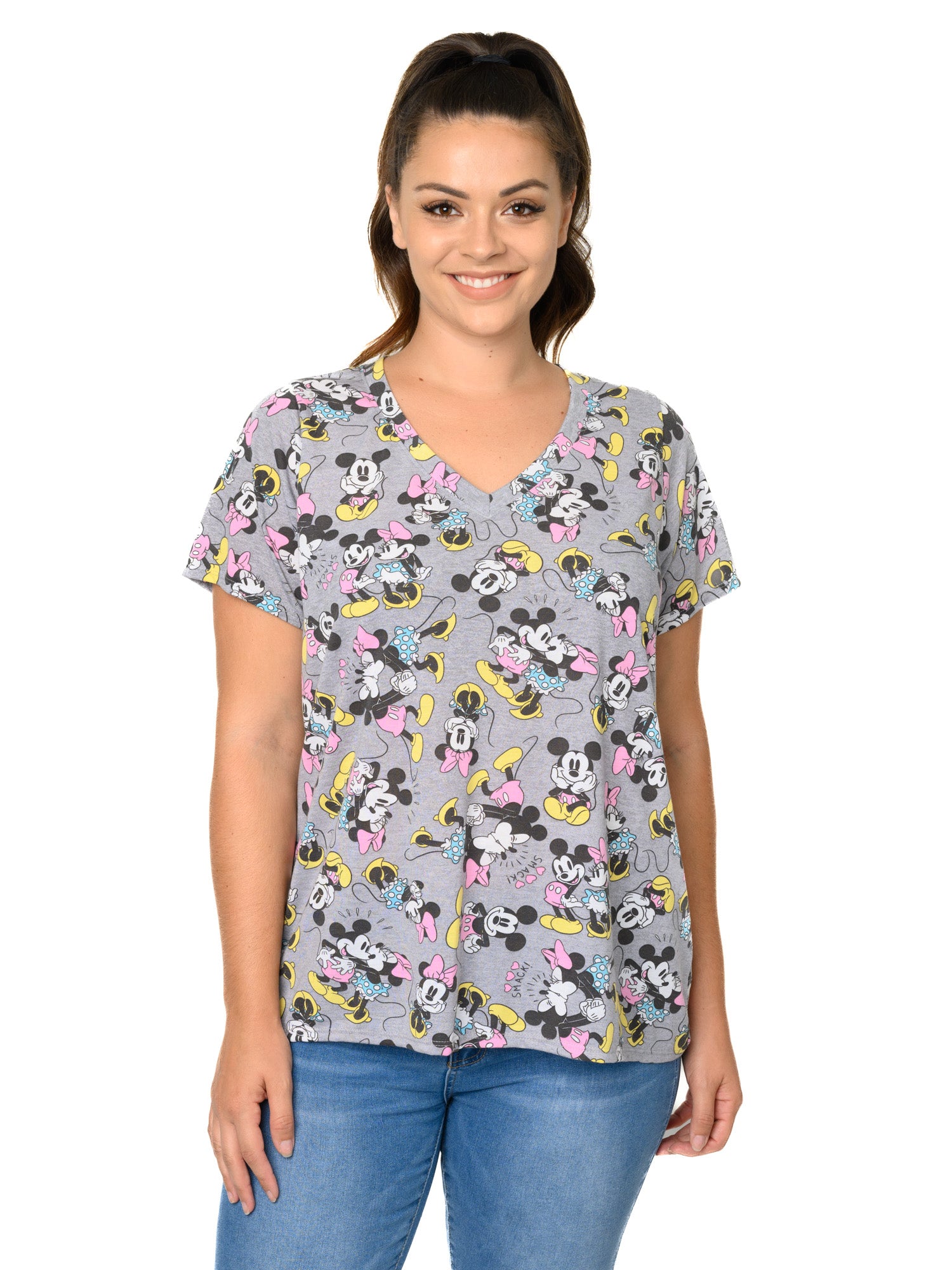 Minnie & Mickey Mouse T-Shirt V-Neck All-Over Print Gray Women's Plus Size