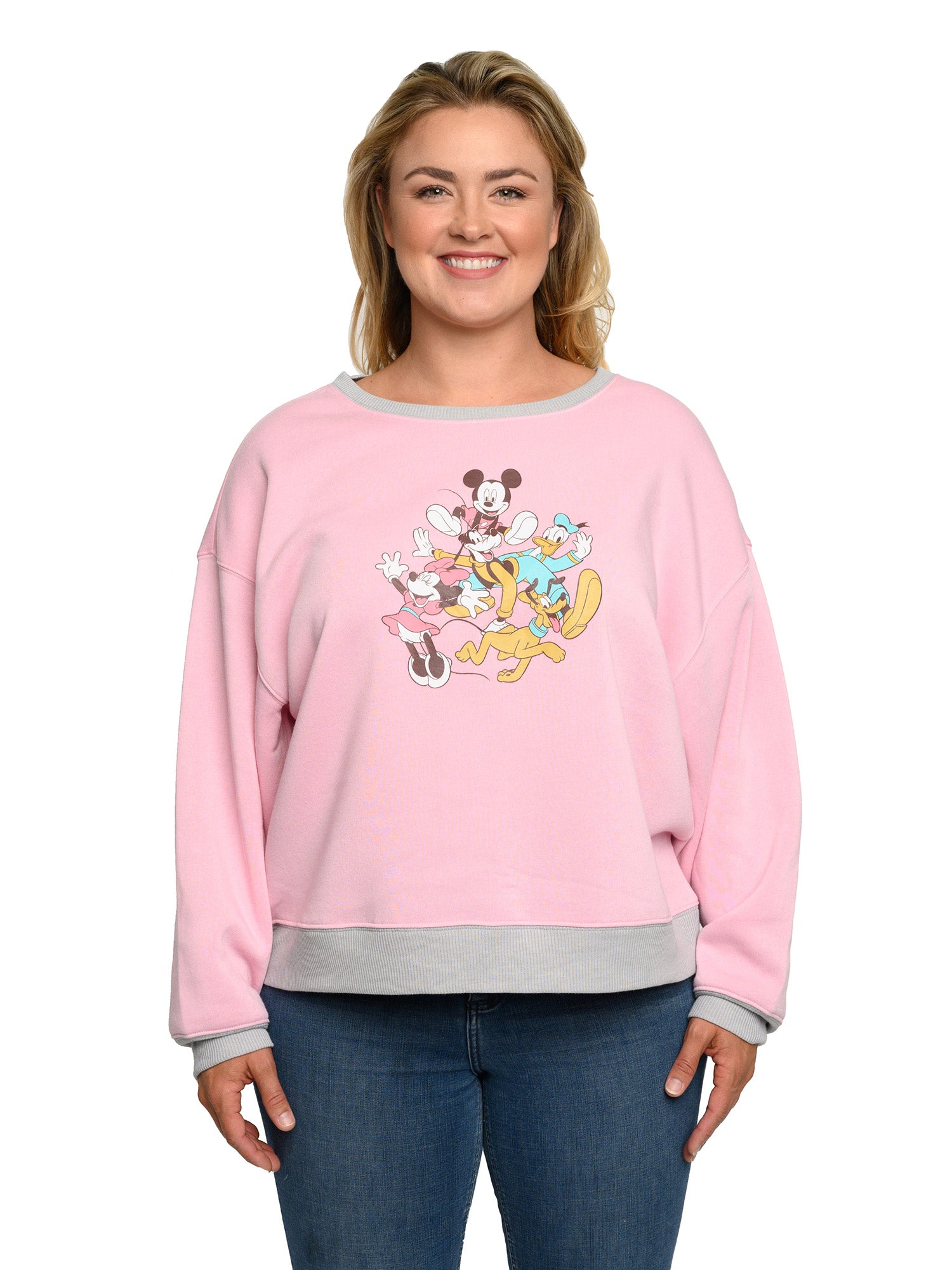 Disney Womens Plus Size Mickey Mouse Friends Fleece Long Sleeve Sweatshirt Pink