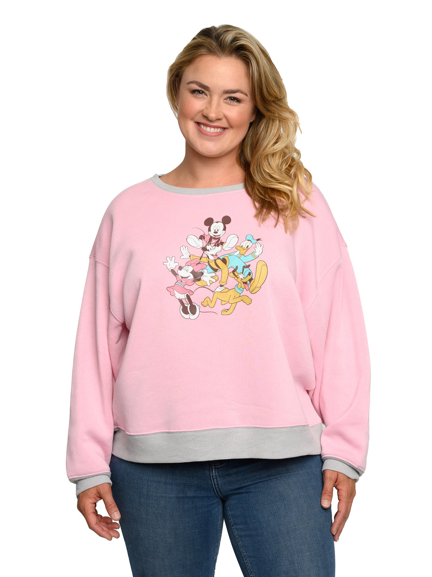 Disney Womens Plus Size Mickey Mouse Friends Fleece Long Sleeve Sweatshirt Pink