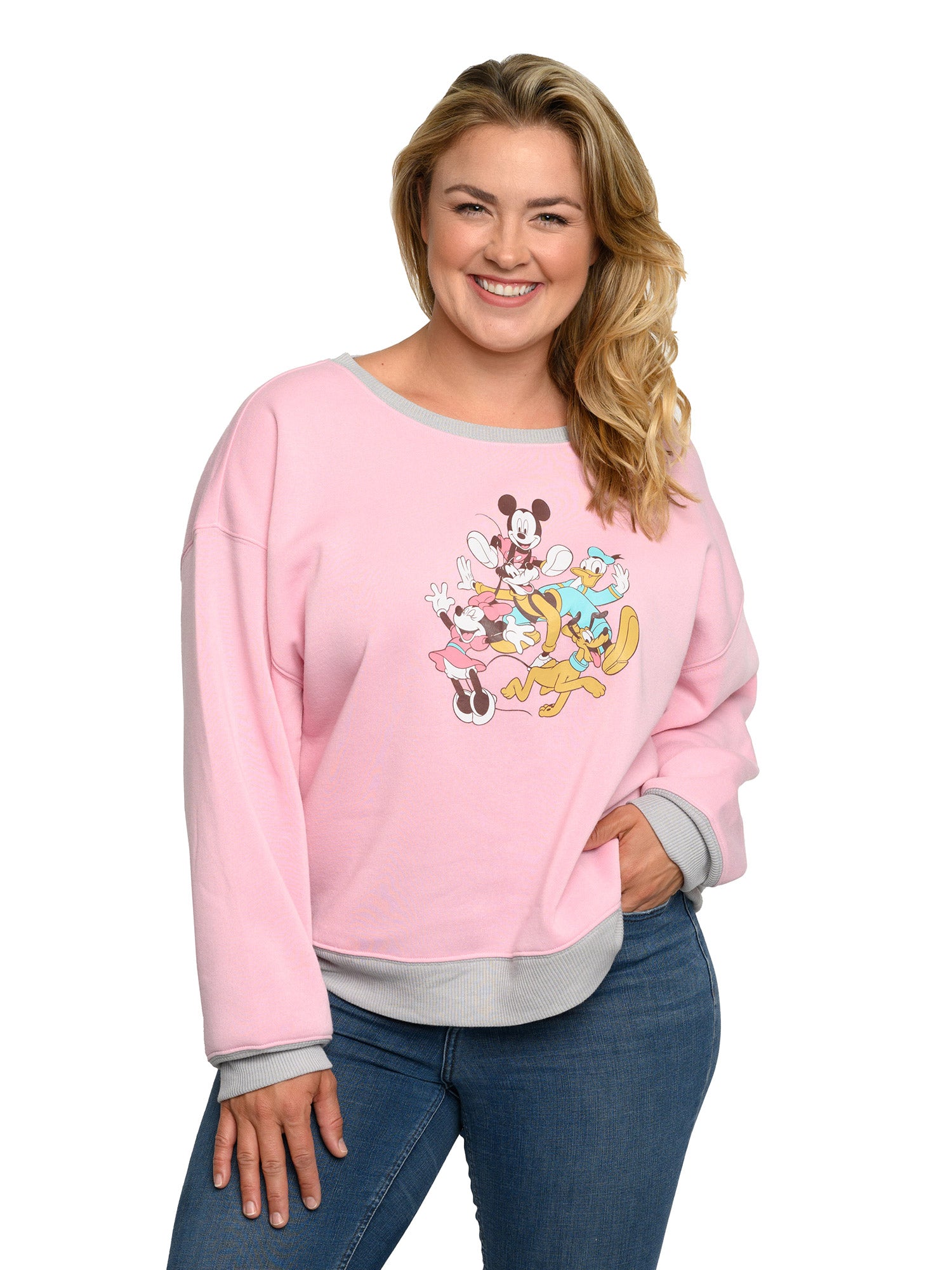 Disney Womens Plus Size Mickey Mouse Friends Fleece Long Sleeve Sweatshirt Pink