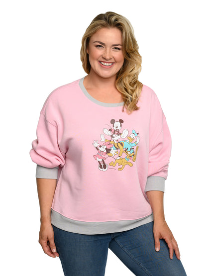 Disney Womens Plus Size Mickey Mouse Friends Fleece Long Sleeve Sweatshirt Pink