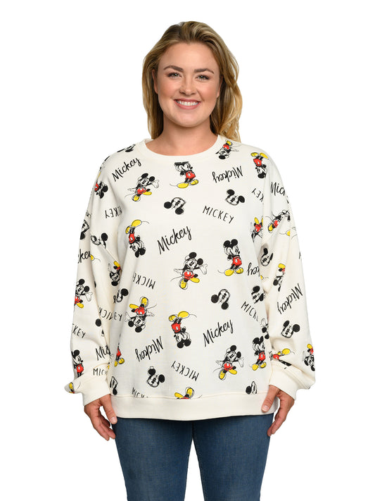 Disney Womens Plus Size Mickey Mouse Fleece Long Sleeve All-Over Sweatshirt