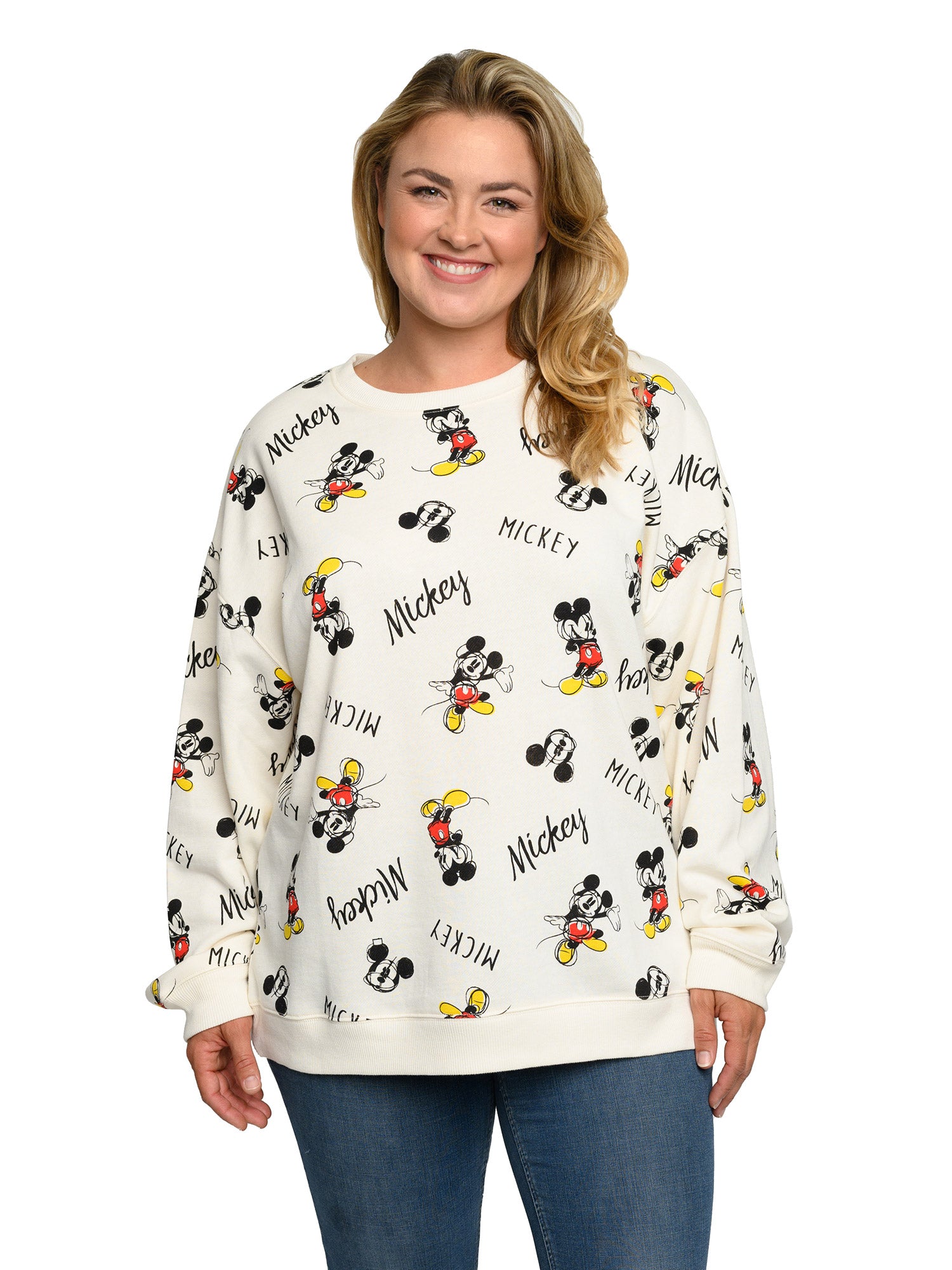 Disney Womens Plus Size Mickey Mouse Fleece Long Sleeve All-Over Sweatshirt