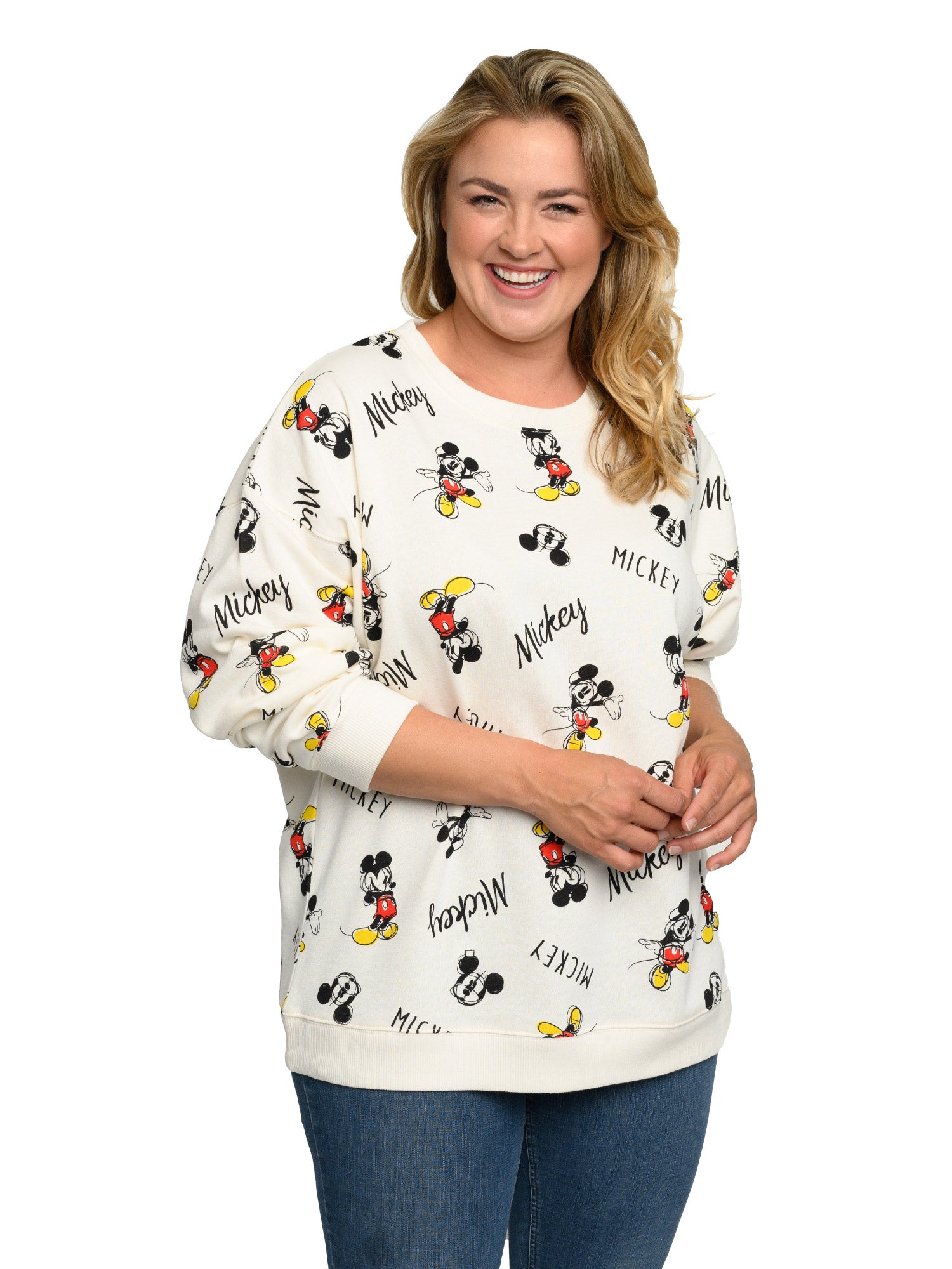 Disney Womens Plus Size Mickey Mouse Fleece Long Sleeve All-Over Sweatshirt