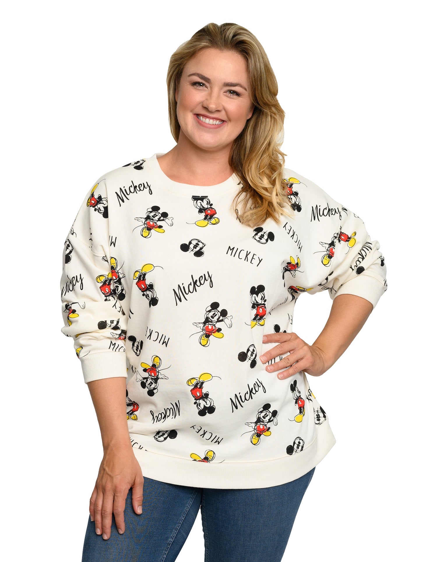 Disney Womens Plus Size Mickey Mouse Fleece Long Sleeve All-Over Sweatshirt