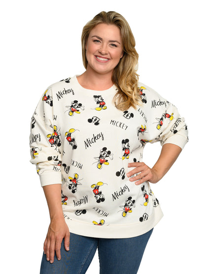 Disney Womens Plus Size Mickey Mouse Fleece Long Sleeve All-Over Sweatshirt