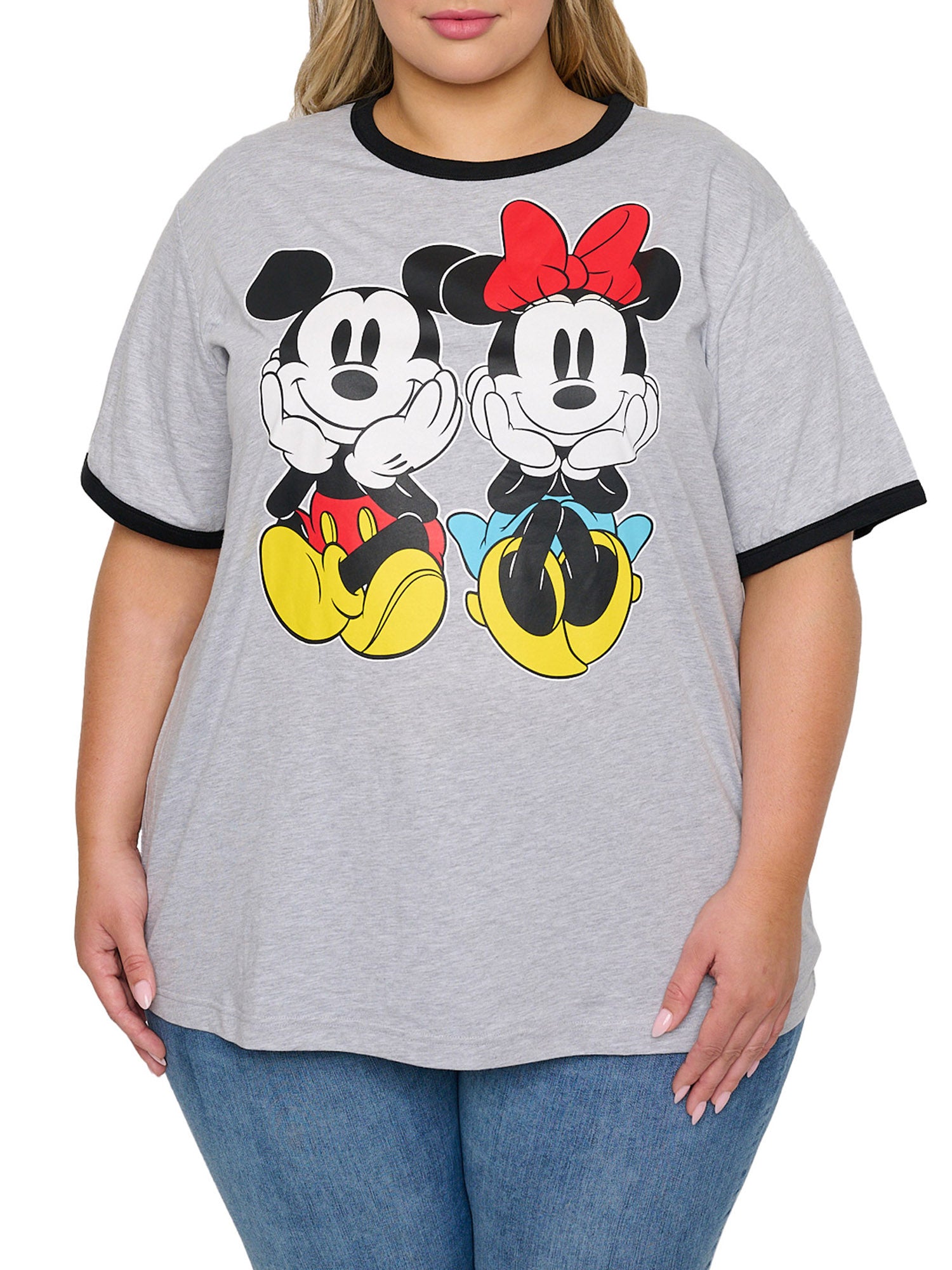 Mickey Minnie Mouse Sitting Ringer T-Shirt Women's Plus Size Disney Gray