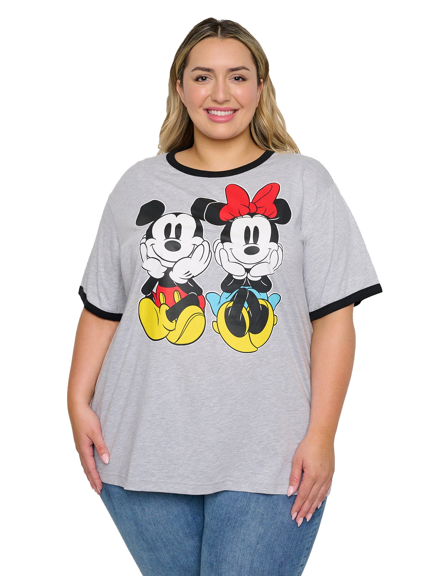 Mickey Minnie Mouse Sitting Ringer T-Shirt Women's Plus Size Disney Gray