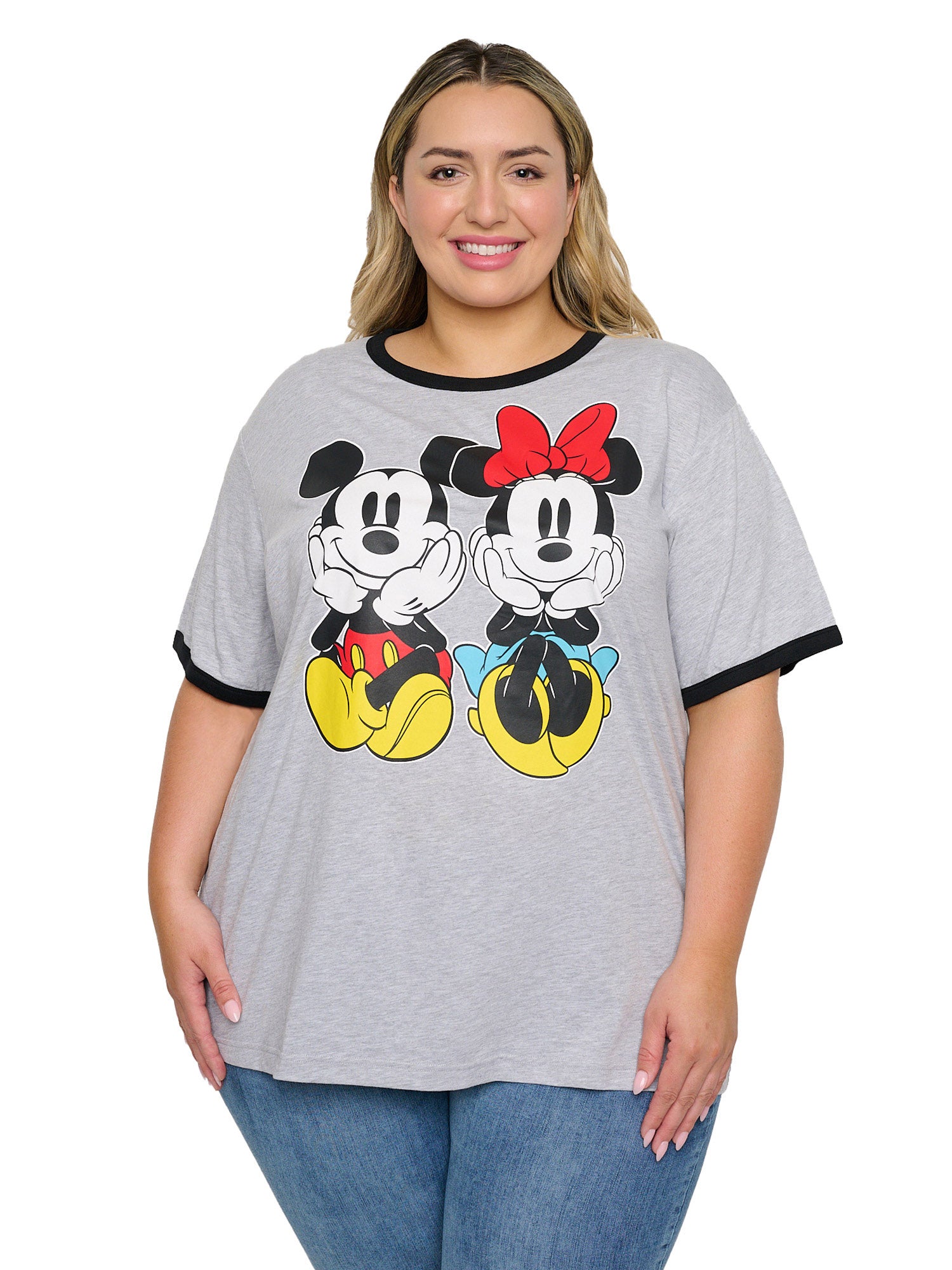 Mickey Minnie Mouse Sitting Ringer T-Shirt Women's Plus Size Disney Gray