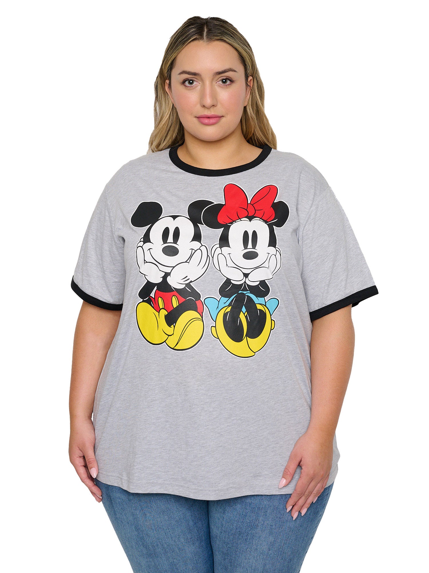 Mickey Minnie Mouse Sitting Ringer T-Shirt Women's Plus Size Disney Gray