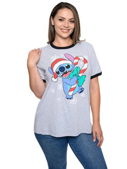 Stitch Christmas T-Shirt Holiday Ringer Women's Plus Size Disney Gray