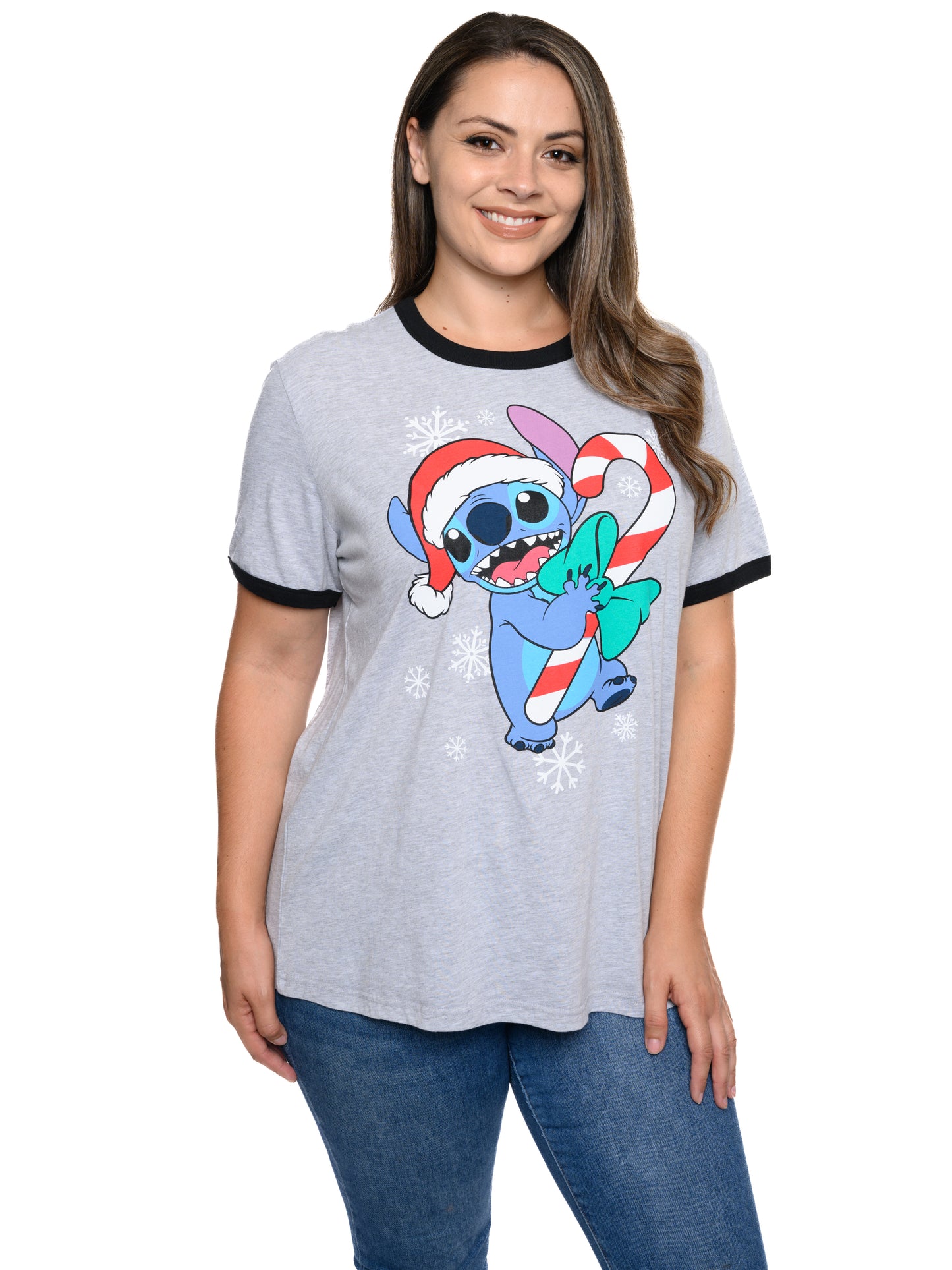 Stitch Christmas T-Shirt Holiday Ringer Women's Plus Size Disney Gray