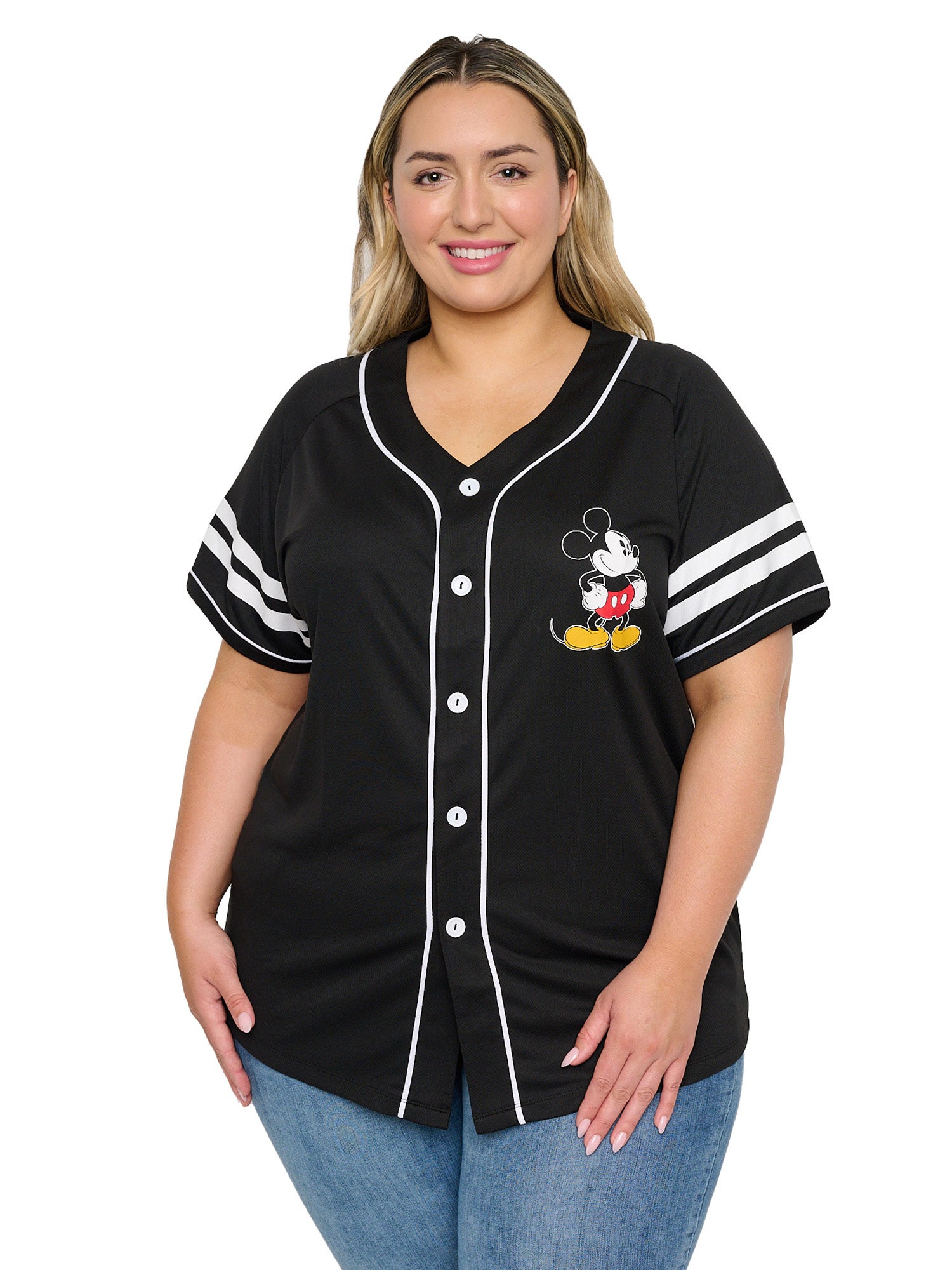 Women's Plus Size Mickey Mouse Baseball Jersey Shirt Button Down Black