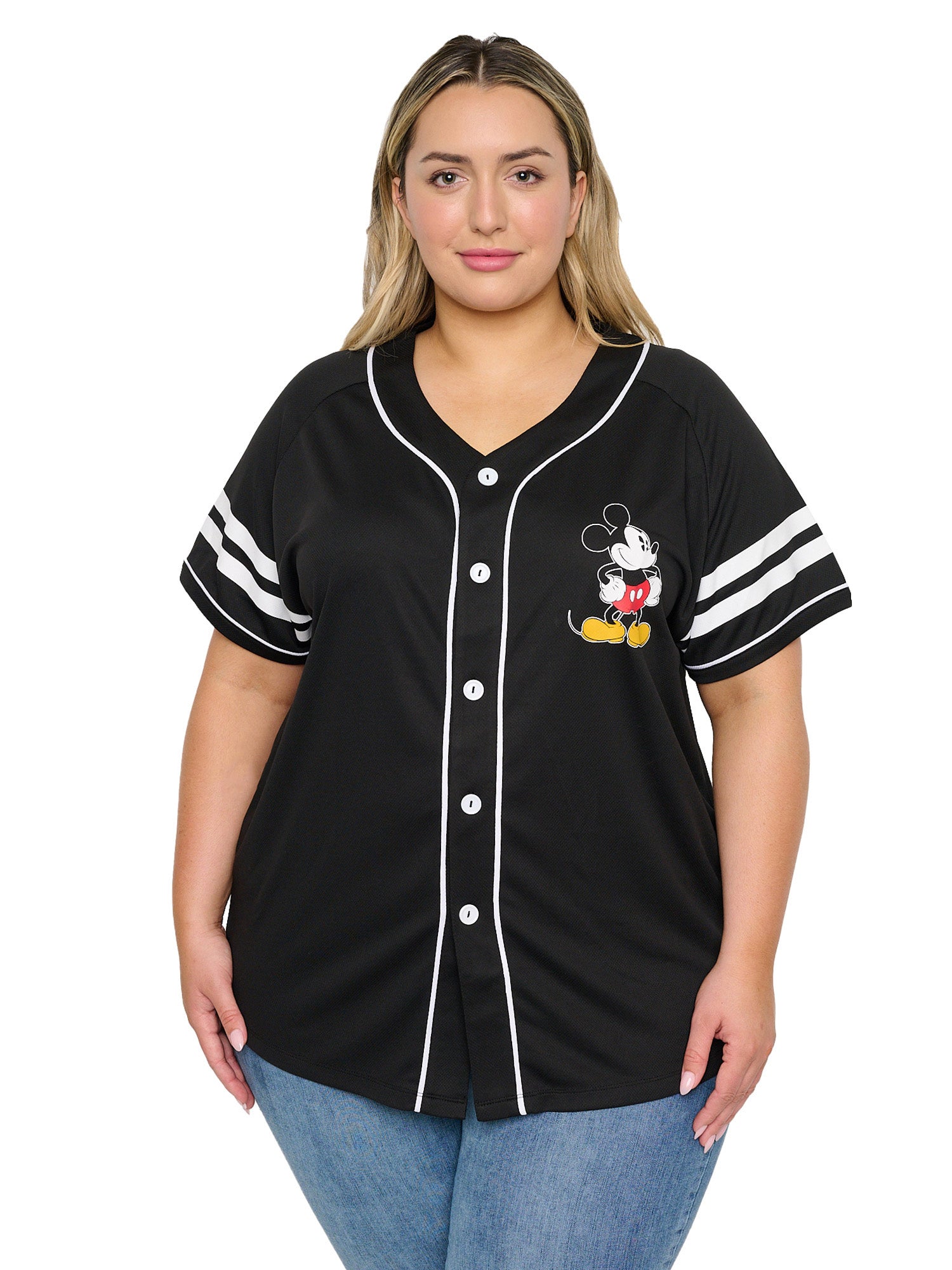 Women's Plus Size Mickey Mouse Baseball Jersey Shirt Button Down Black