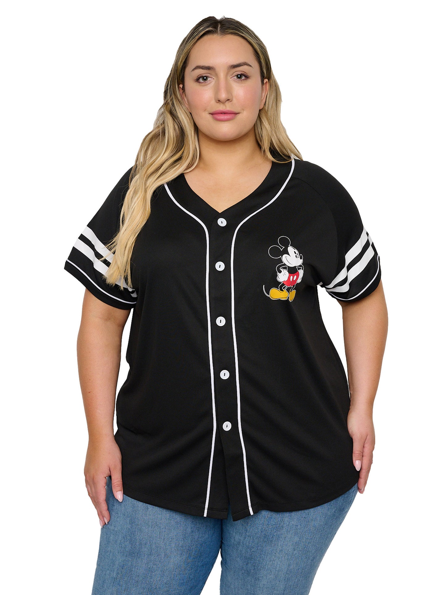 Women's Plus Size Mickey Mouse Baseball Jersey Shirt Button Down Black