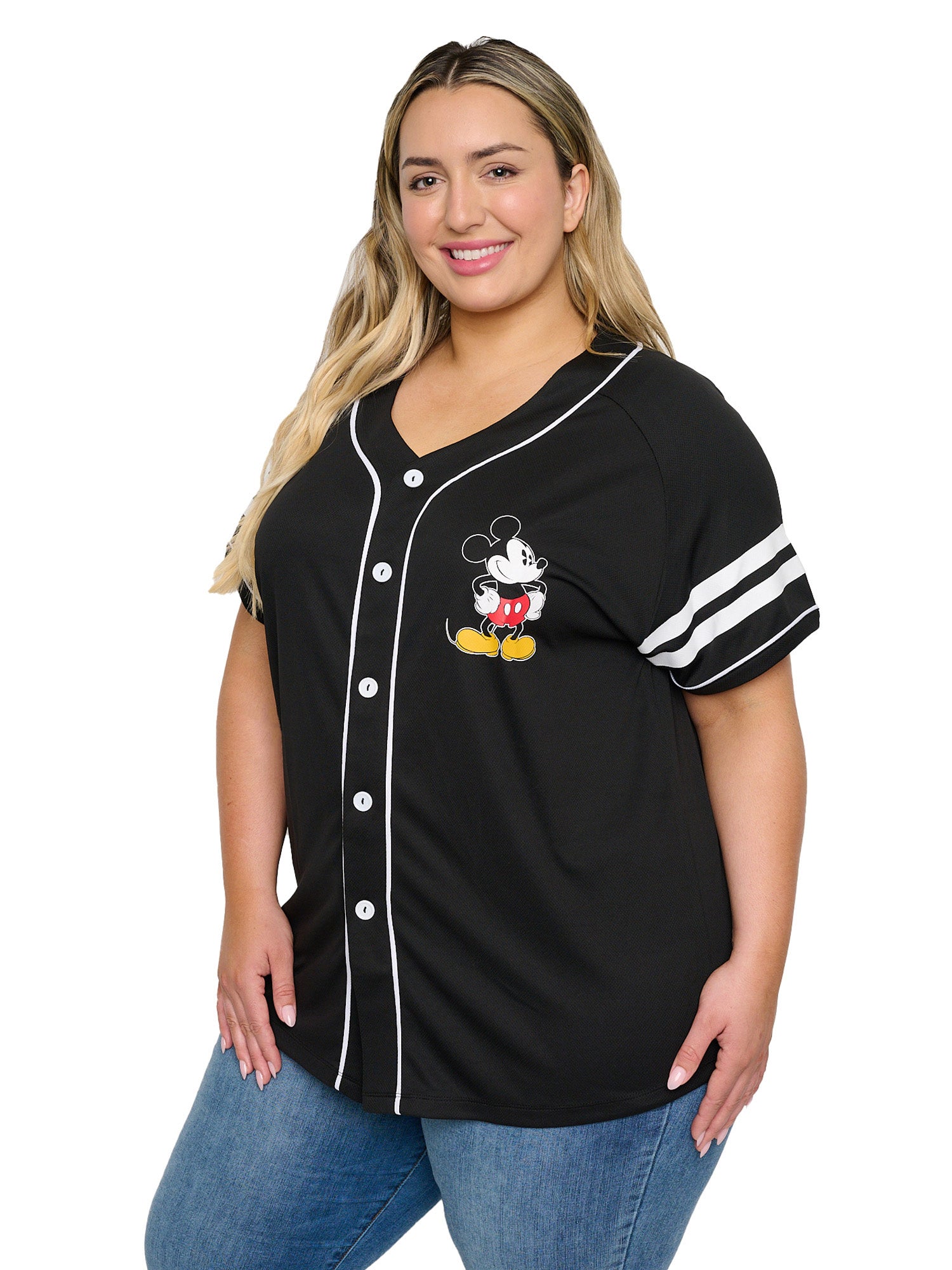 Women's Plus Size Mickey Mouse Baseball Jersey Shirt Button Down Black