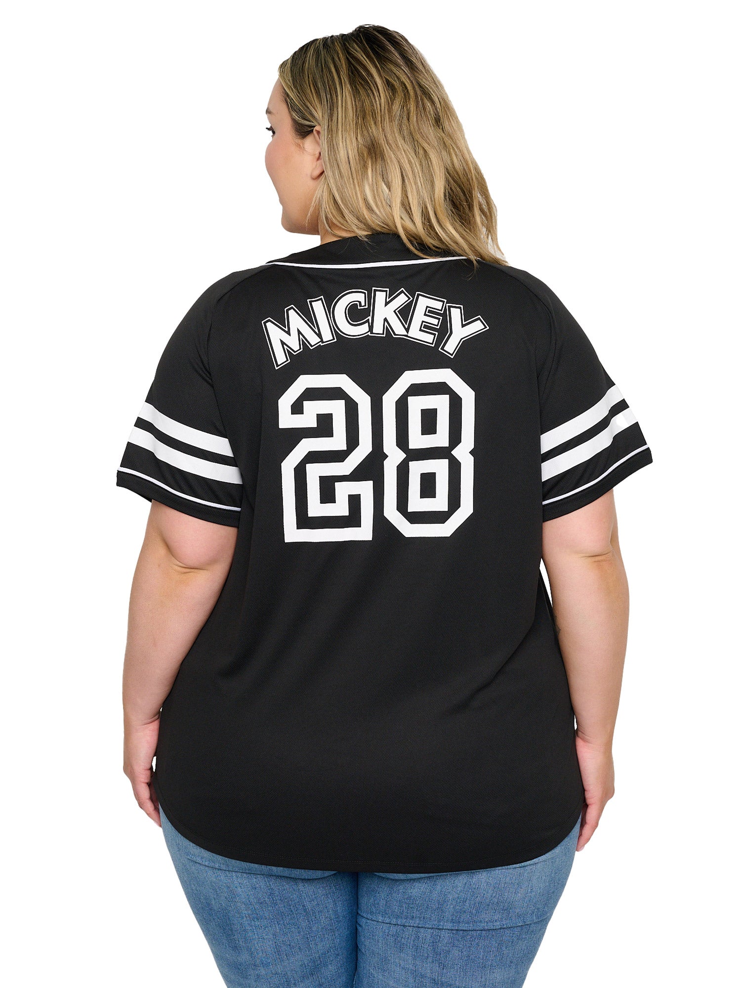 Women's Plus Size Mickey Mouse Baseball Jersey Shirt Button Down Black