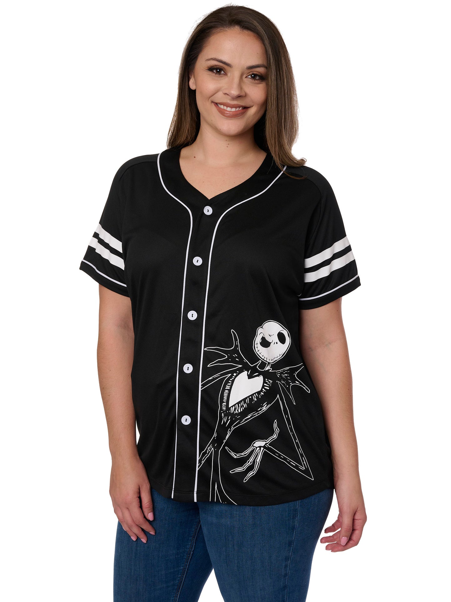 Women's Plus Skellington Baseball Jersey Shirt Button Nightmare Before Christmas