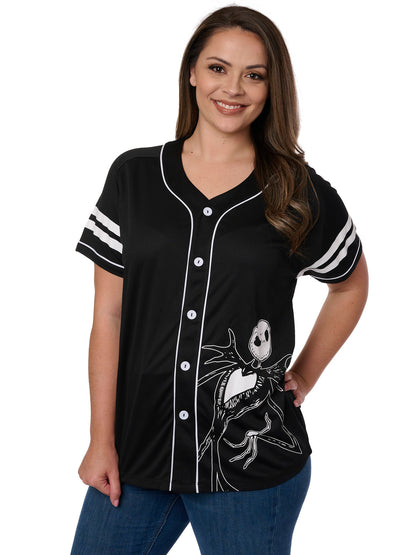 Women's Plus Skellington Baseball Jersey Shirt Button Nightmare Before Christmas