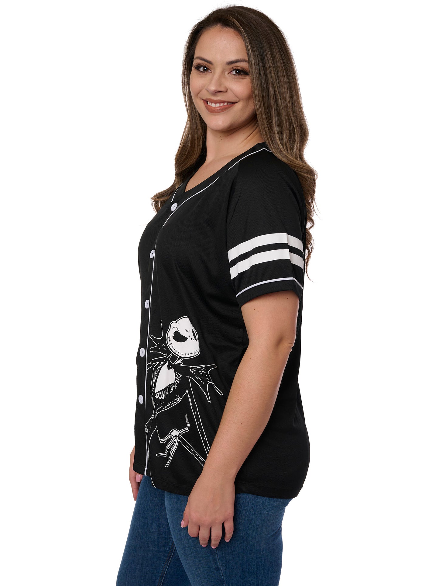 Women's Plus Skellington Baseball Jersey Shirt Button Nightmare Before Christmas