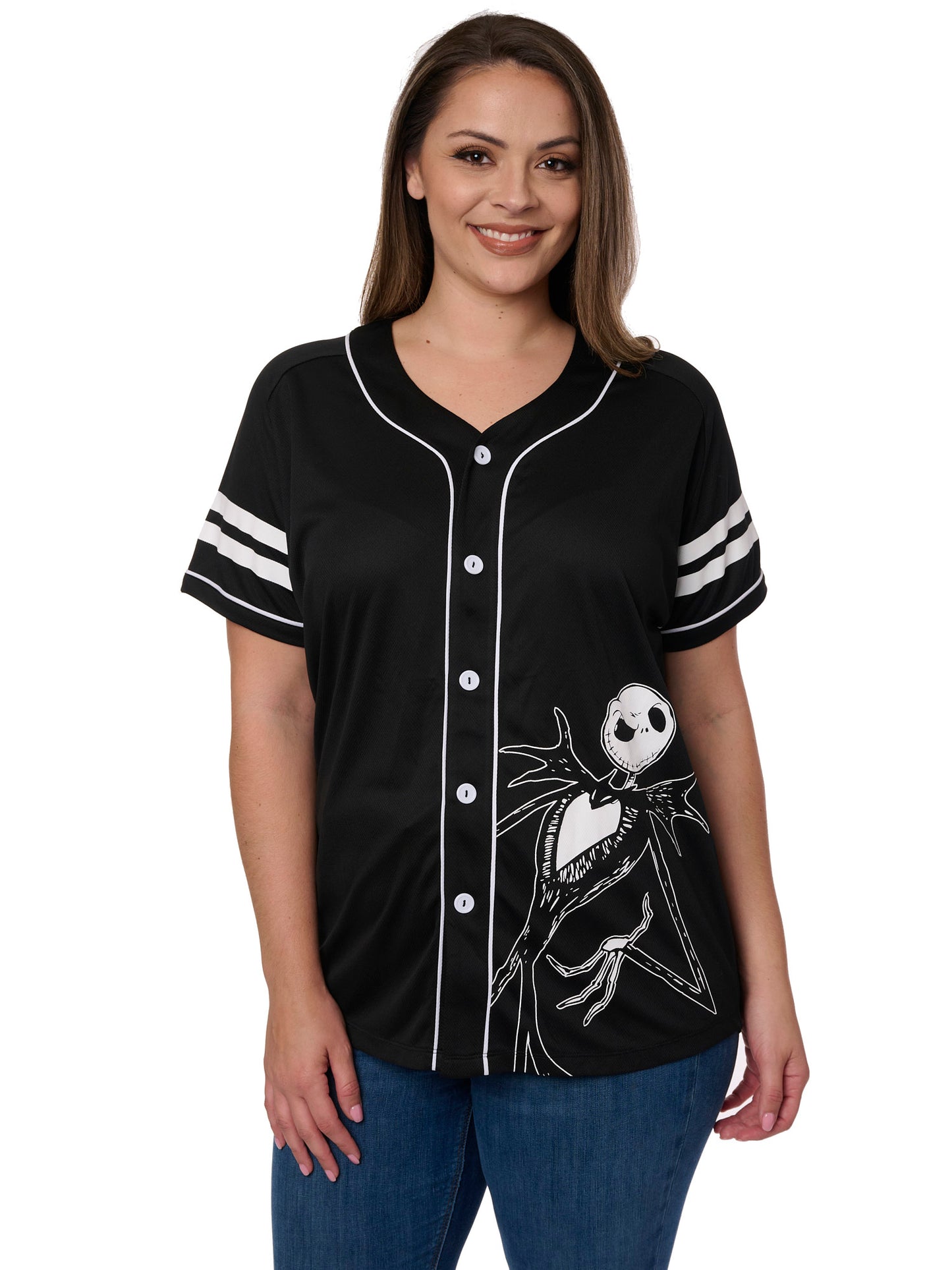 Women's Plus Skellington Baseball Jersey Shirt Button Nightmare Before Christmas