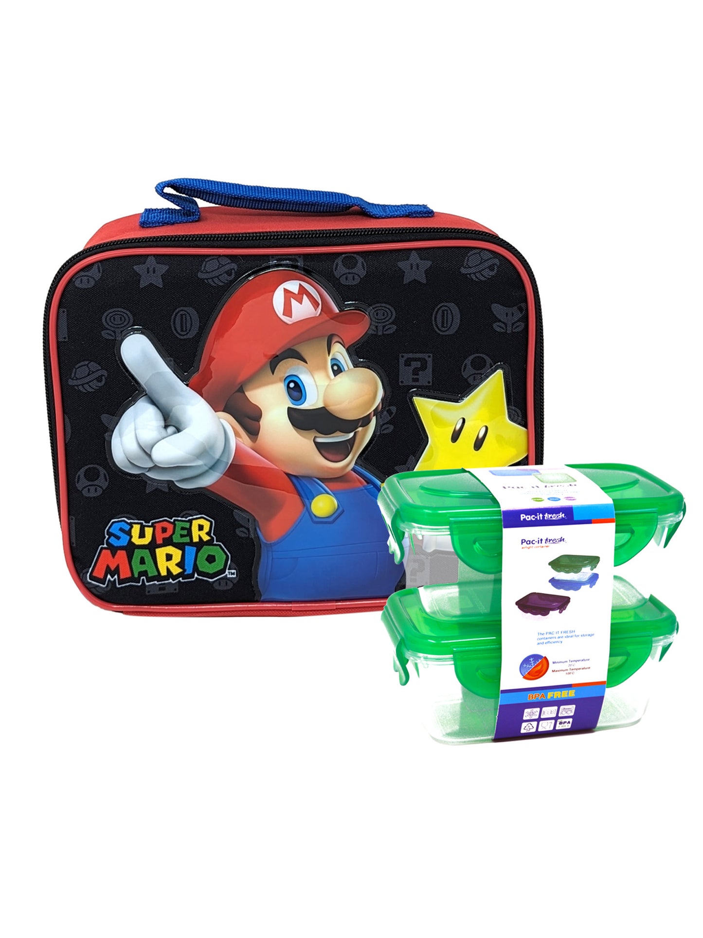 Super Mario Star Insulated Lunch Bag w/ 2-Piece Food Snack Container Set